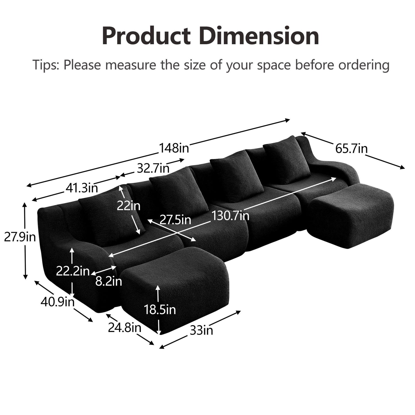 Product dimensions for the Black teddy fleece boneless sofa, 4-seat with two ottomans layout — Black / 4-Seat + 2 Ottomans