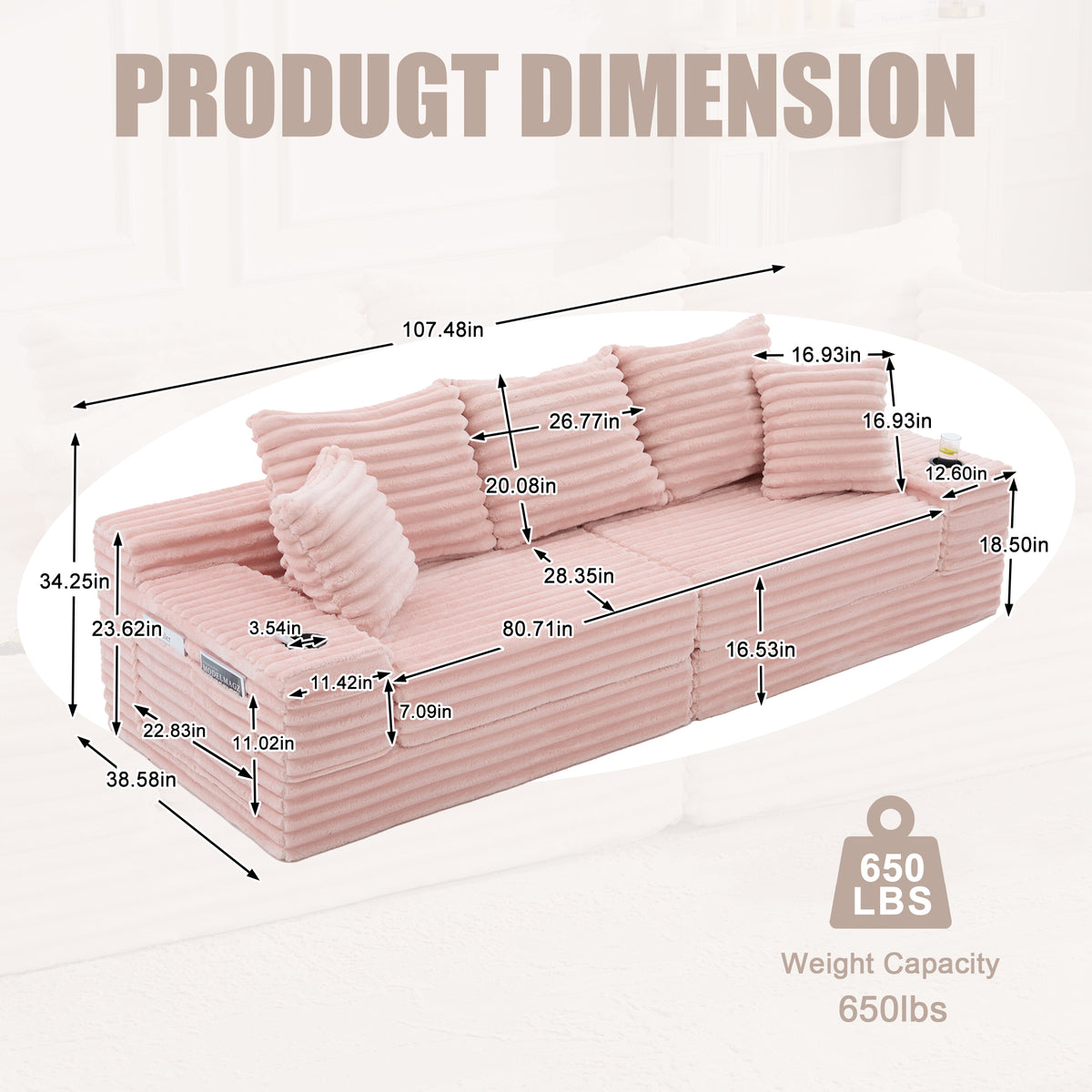Corduroy Compression Sofa — 4-Seat, 107"W — Pink