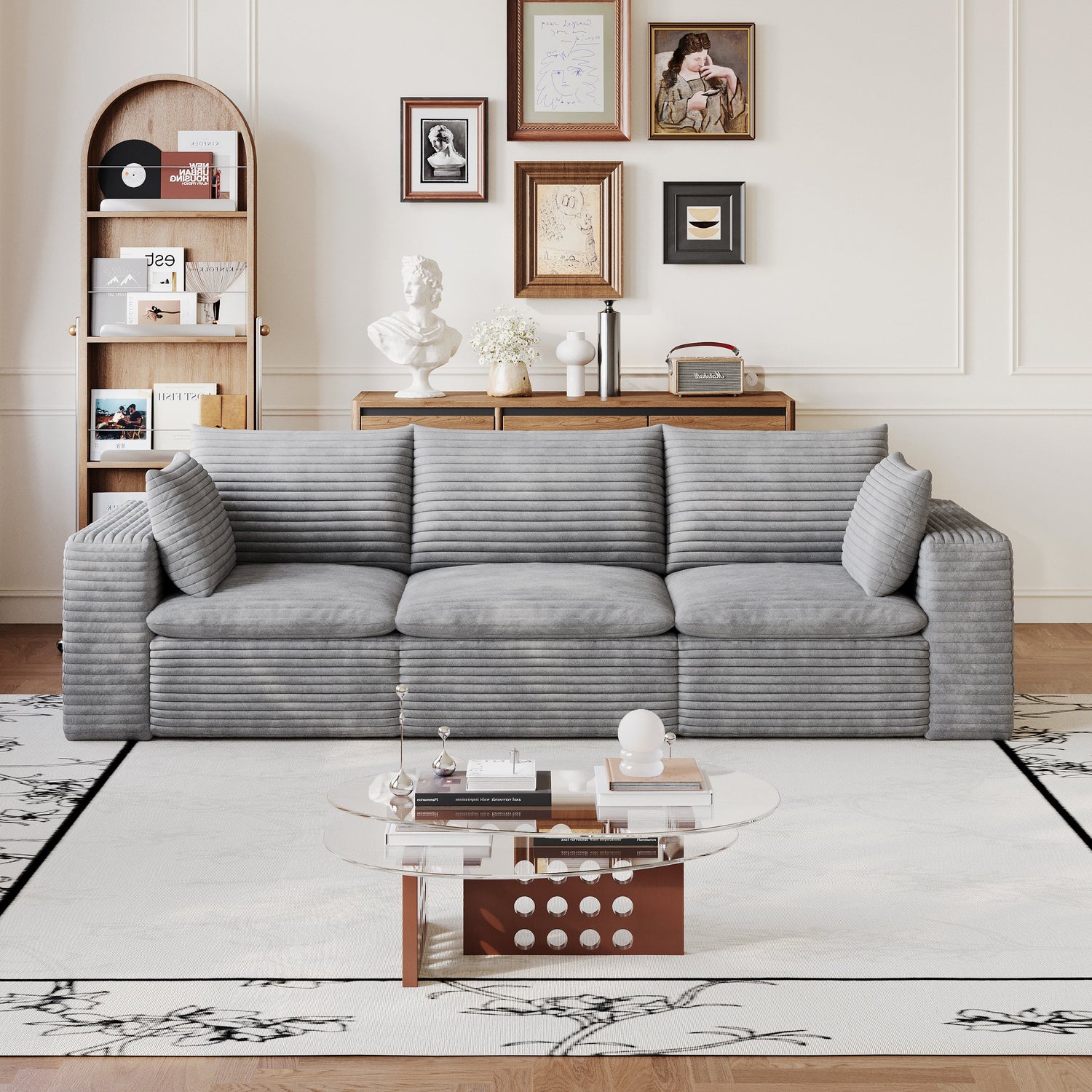Boneless couch sectional in grey corduroy, modular foam, ships compressed in boxes