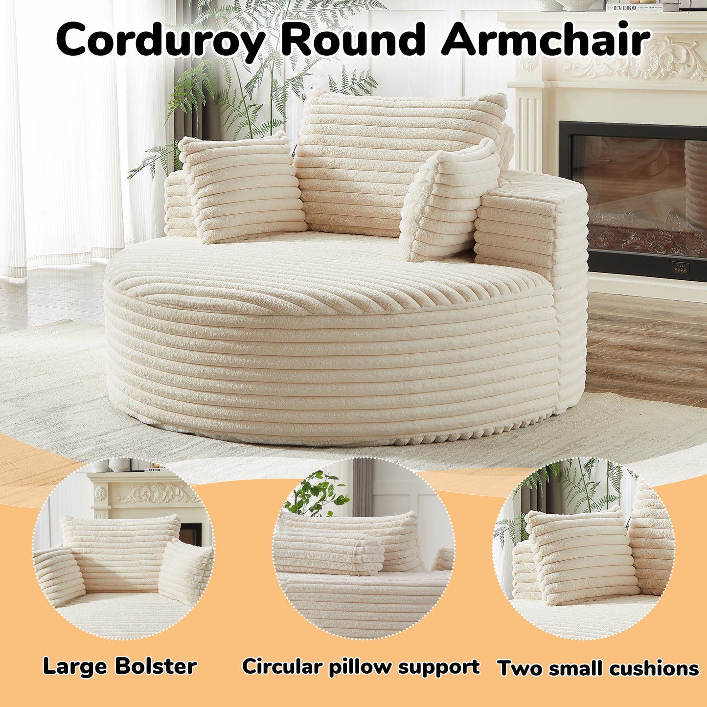 Corduroy Compression Accent Chair — 1-Seat, 55"W — Beige