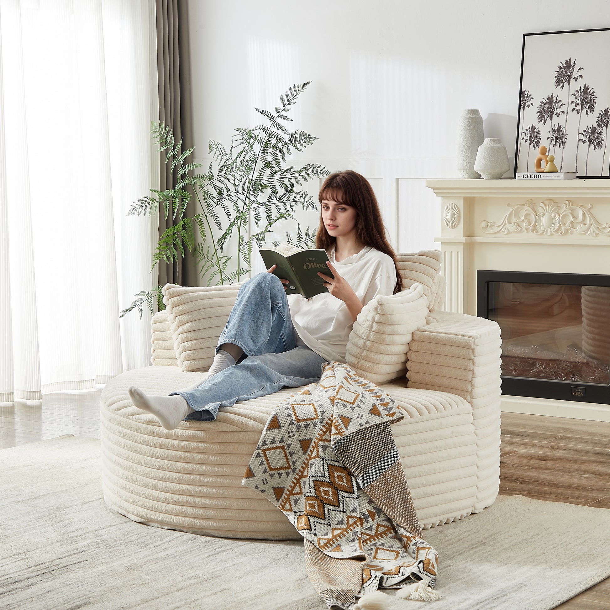 Corduroy Compression Accent Chair — 1-Seat, 55"W — Beige