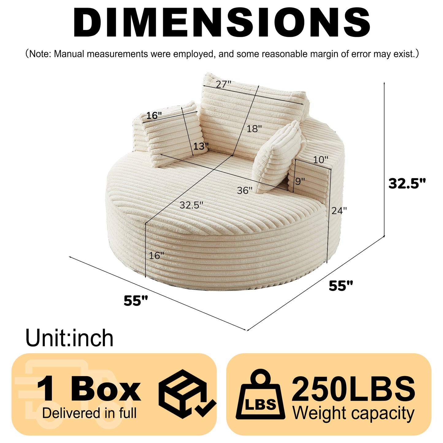 Corduroy Compression Accent Chair — 1-Seat, 55"W — Beige