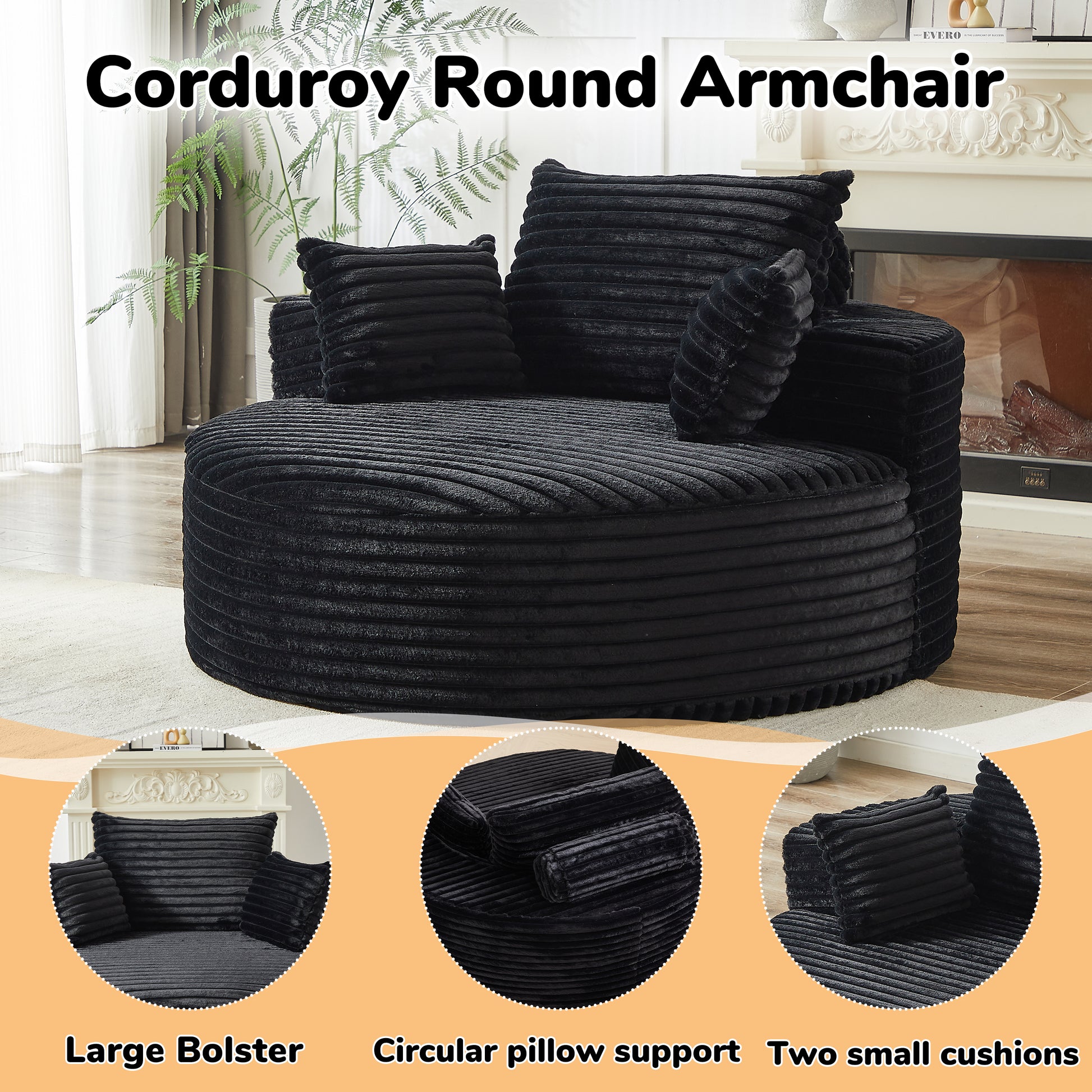 Corduroy Compression Accent Chair — 1-Seat, 55"W — Black