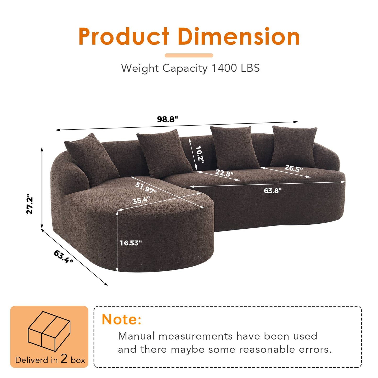 Chenille Spring-Core Compression Sectional — 4-Seat, 99"W, assembled dimensions — Brown