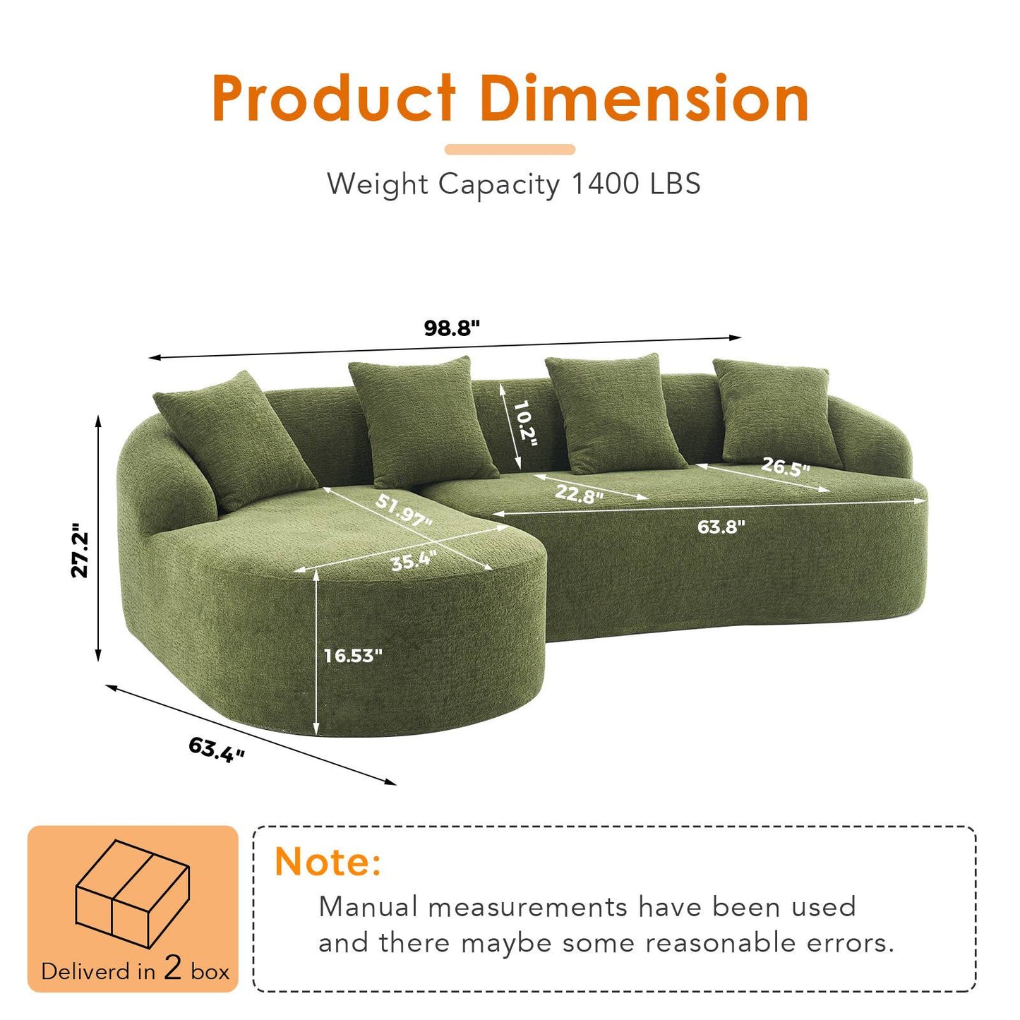 Chenille Spring-Core Compression Sectional — 4-Seat, 99"W, assembled dimensions — Antique Green