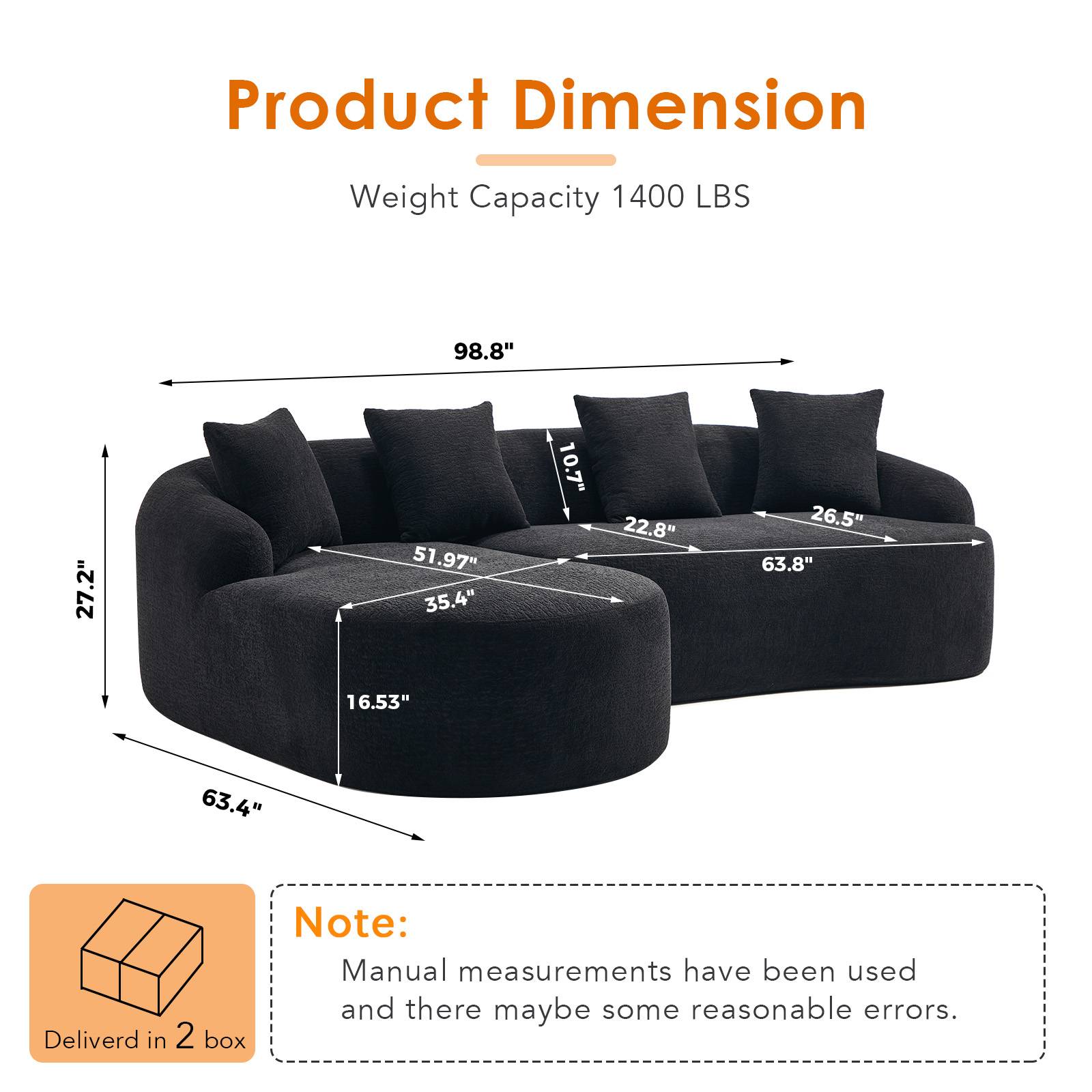 Chenille Spring-Core Compression Sectional — 4-Seat, 99"W, assembled dimensions — Black