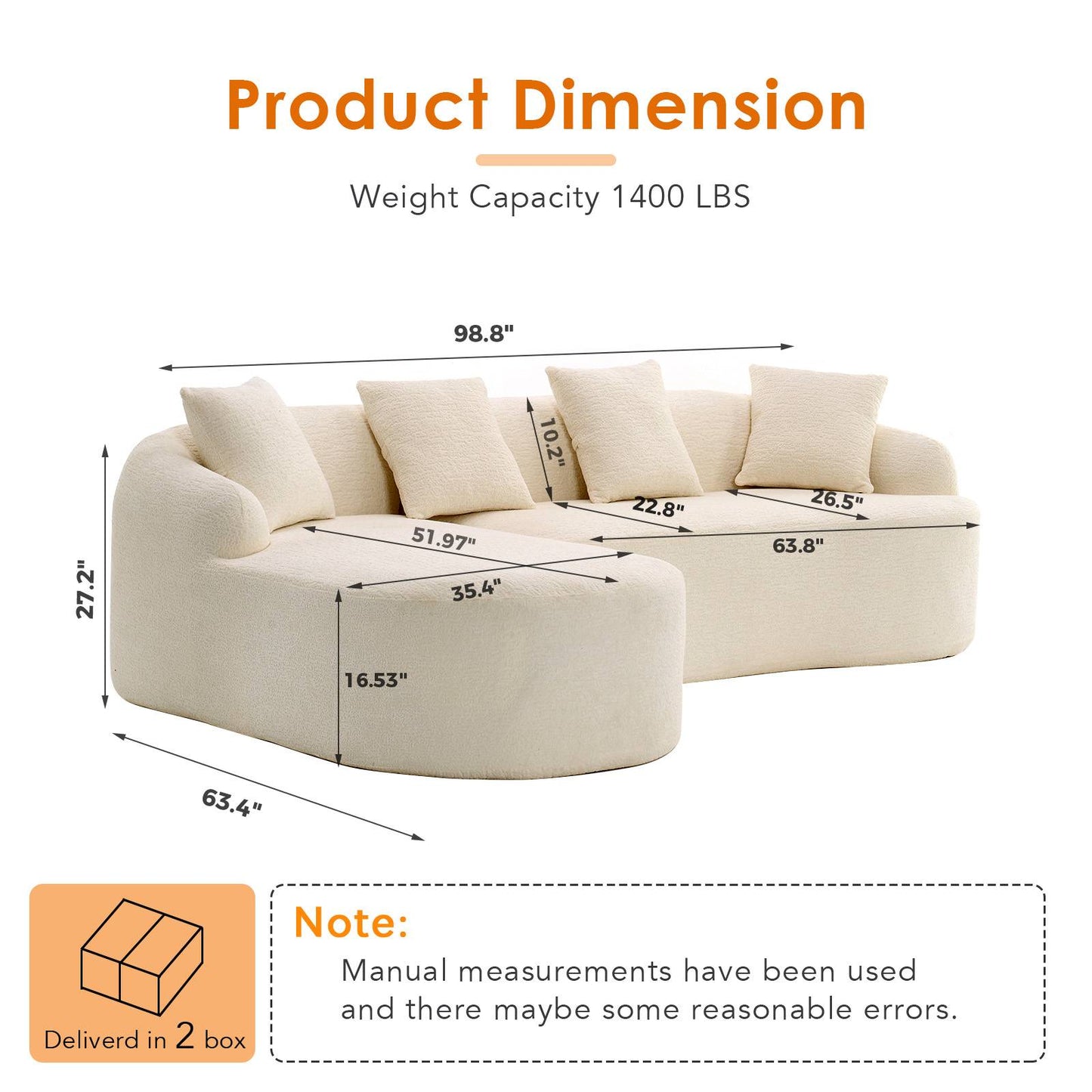 Chenille Spring-Core Compression Sectional — 4-Seat, 99"W, assembled dimensions — Beige