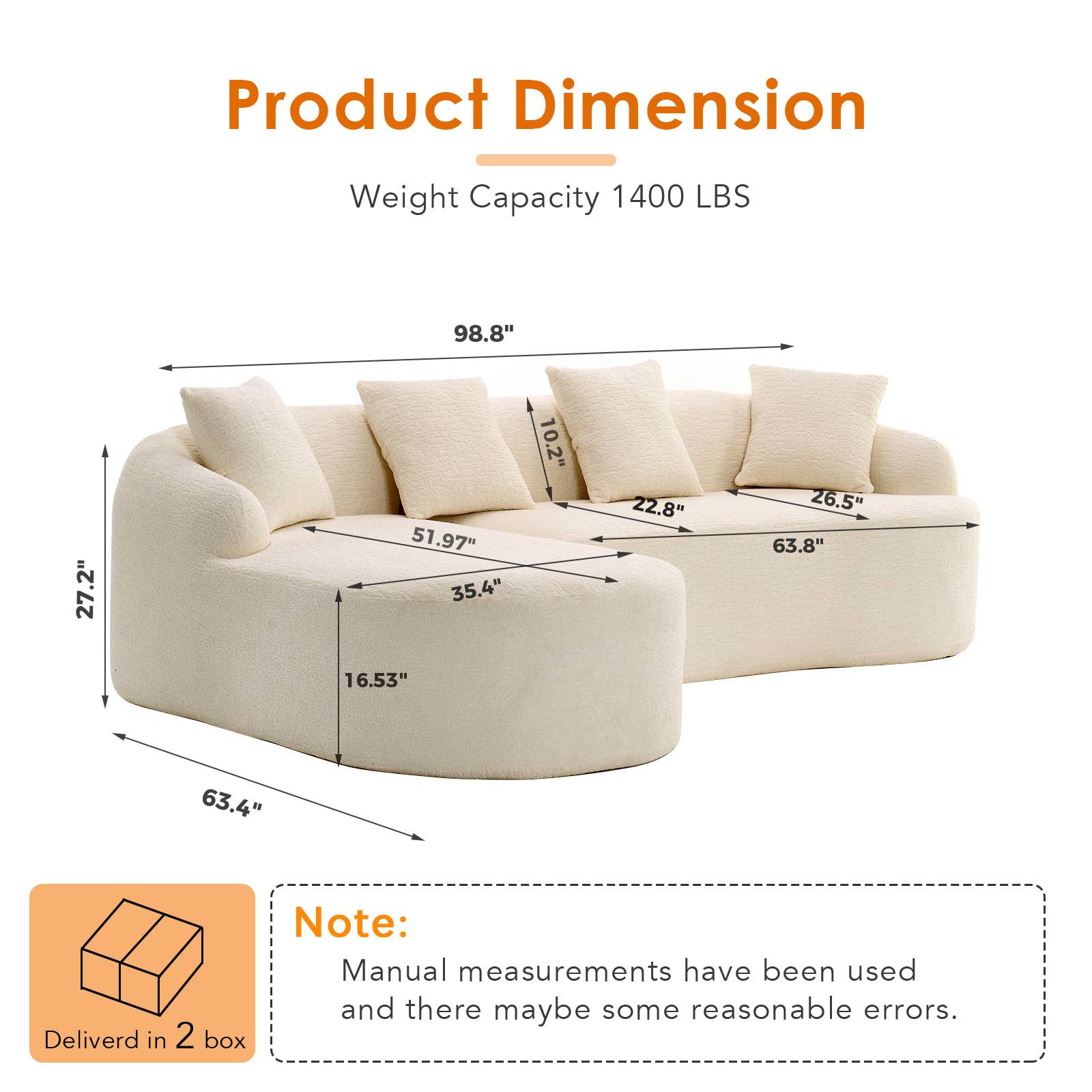 Chenille Spring-Core Compression Sectional — 4-Seat, 99"W, assembled dimensions — Beige