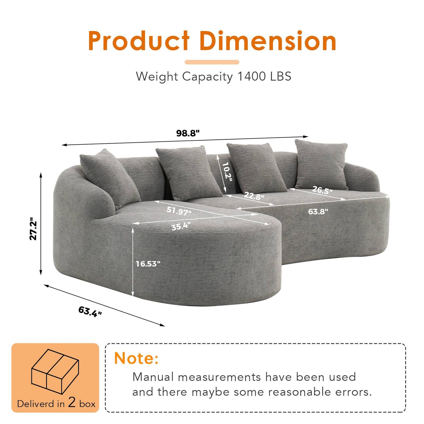 Chenille Spring-Core Compression Sectional — 4-Seat, 99"W, assembled dimensions — Light Gray