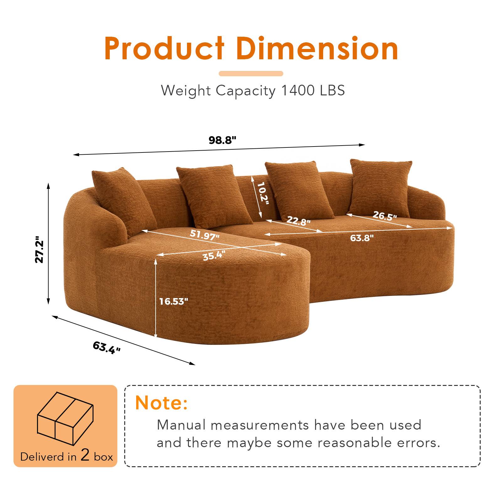 Chenille Spring-Core Compression Sectional — 4-Seat, 99"W, assembled dimensions — Orange