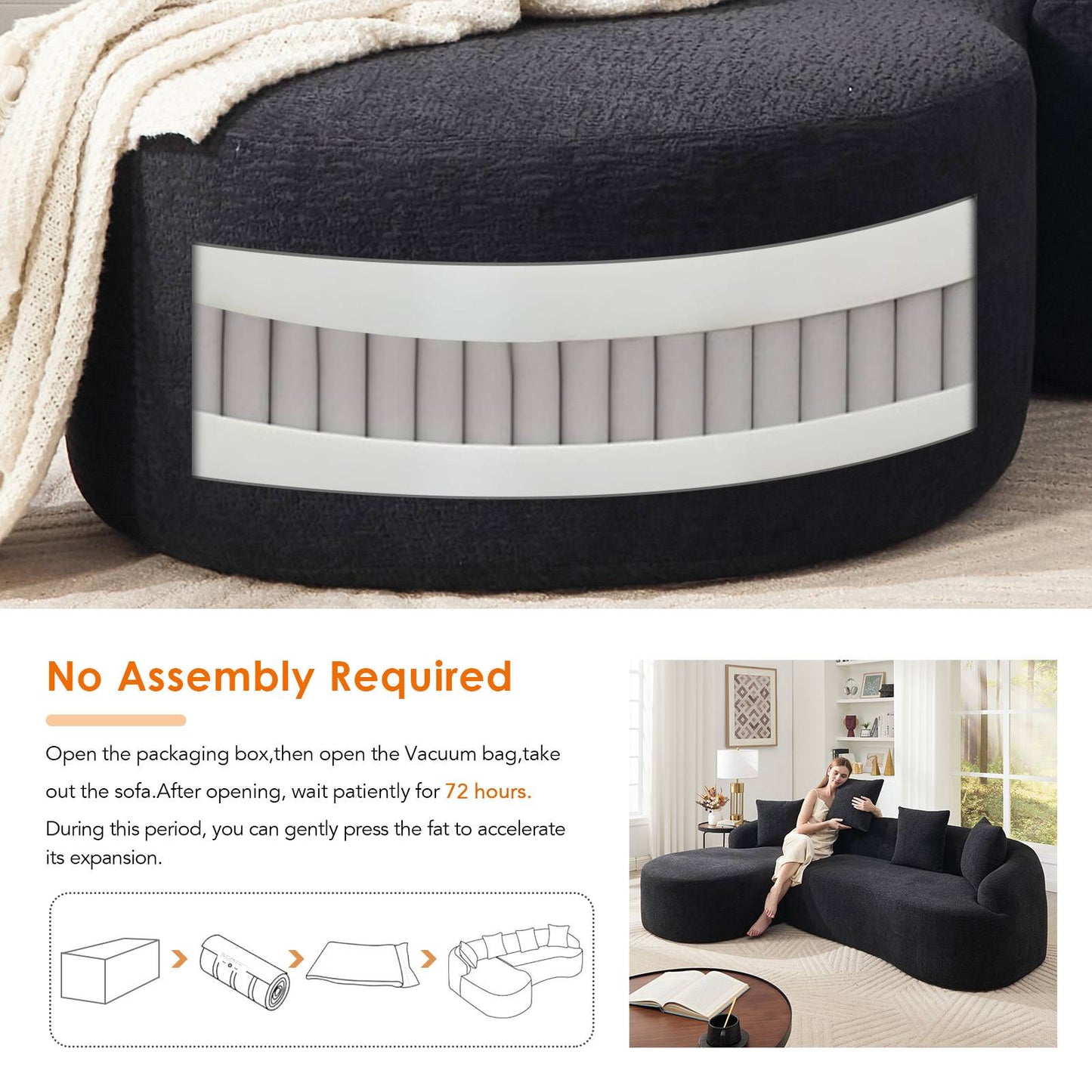 Chenille Spring-Core Compression Sectional — 4-Seat, 99"W — Black