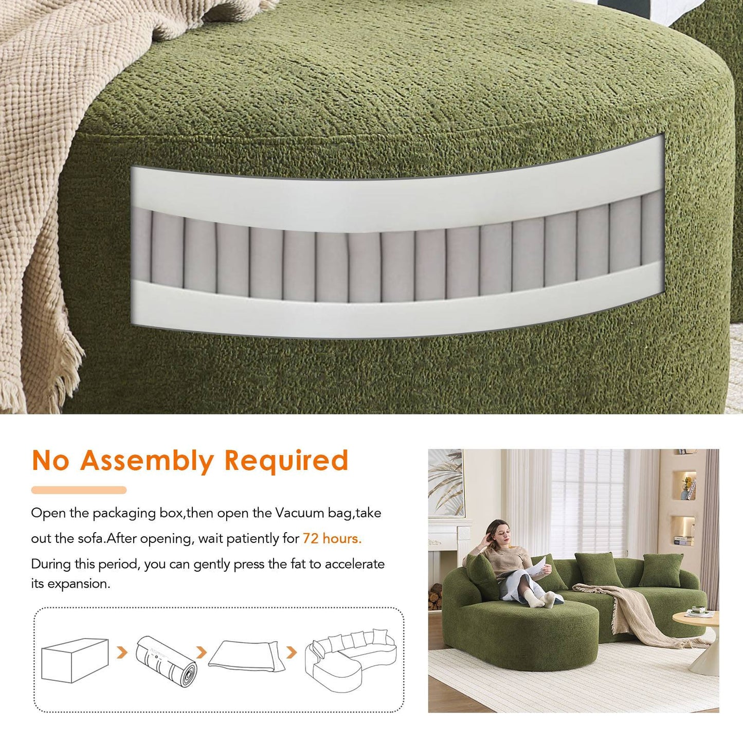 Chenille Spring-Core Compression Sectional — 4-Seat, 99"W — Antique Green