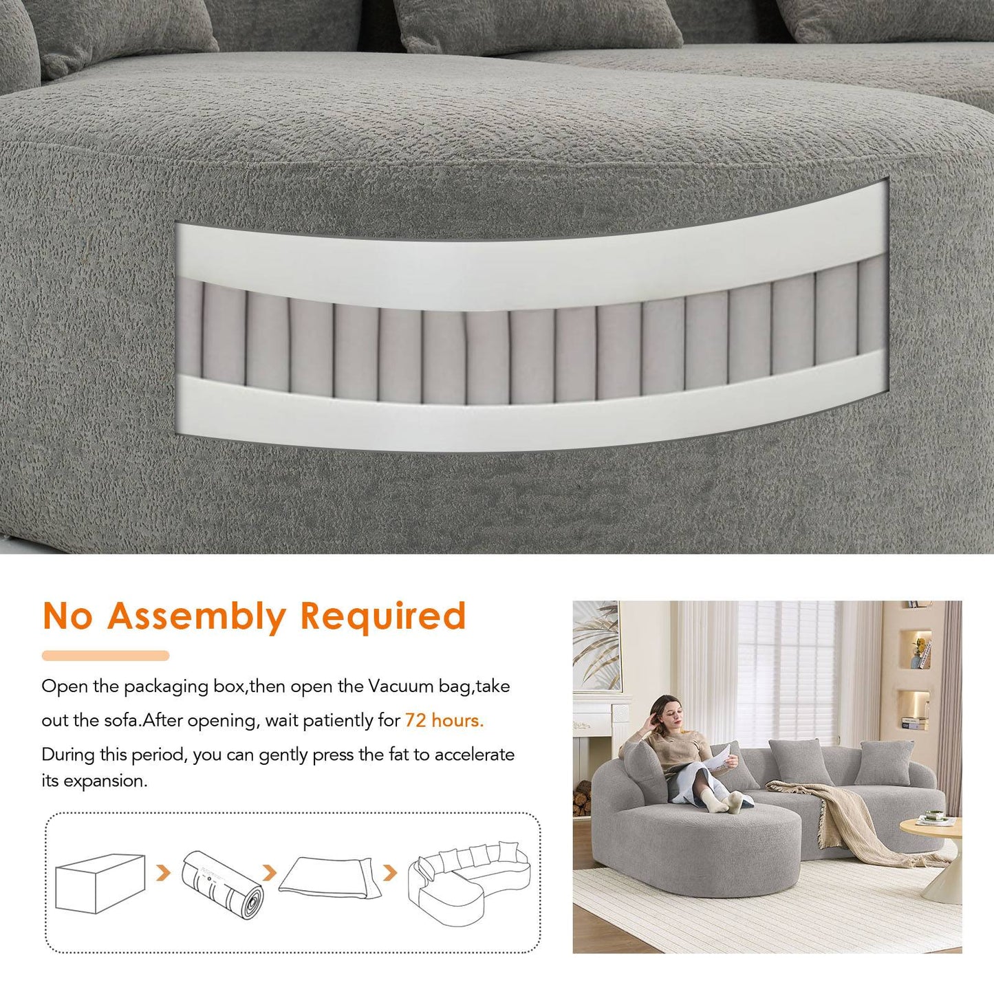 Chenille Spring-Core Compression Sectional — 4-Seat, 99"W — Light Gray