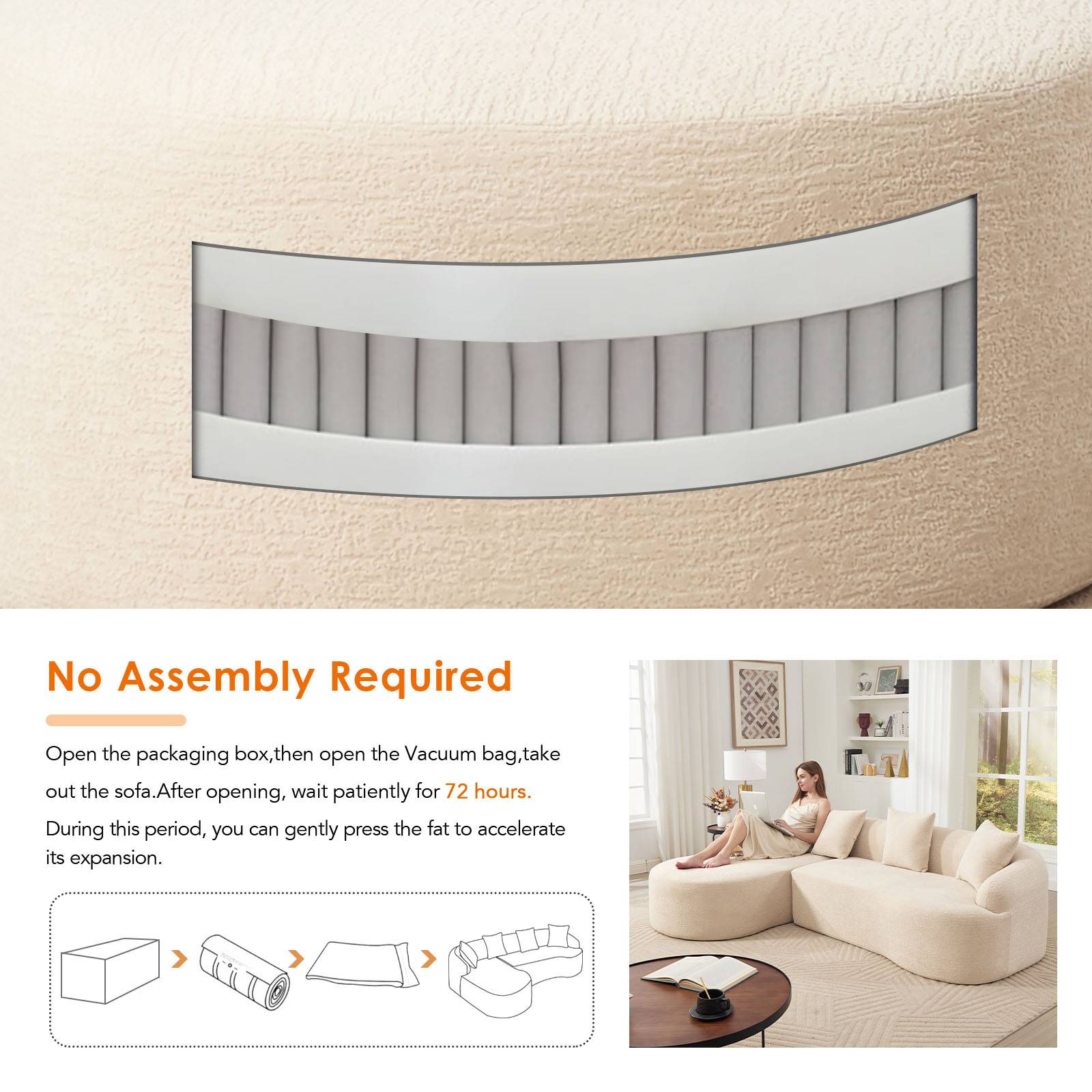 Chenille Spring-Core Compression Sectional — 4-Seat, 99"W — Beige