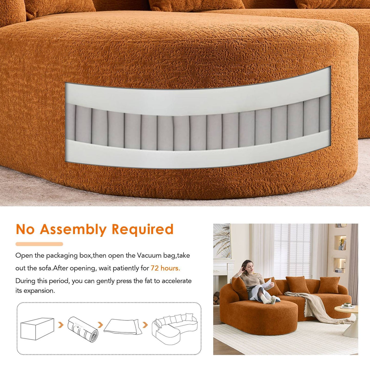 Chenille Spring-Core Compression Sectional — 4-Seat, 99"W — Orange