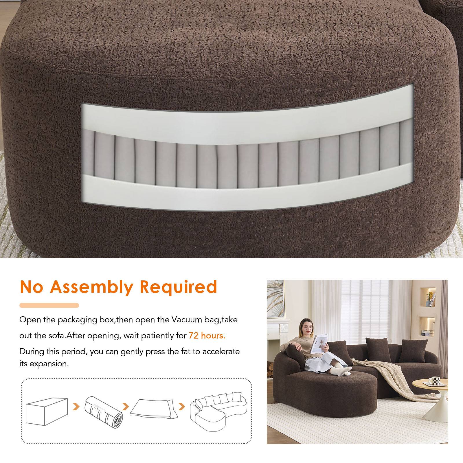 Chenille Spring-Core Compression Sectional — 4-Seat, 99"W — Brown