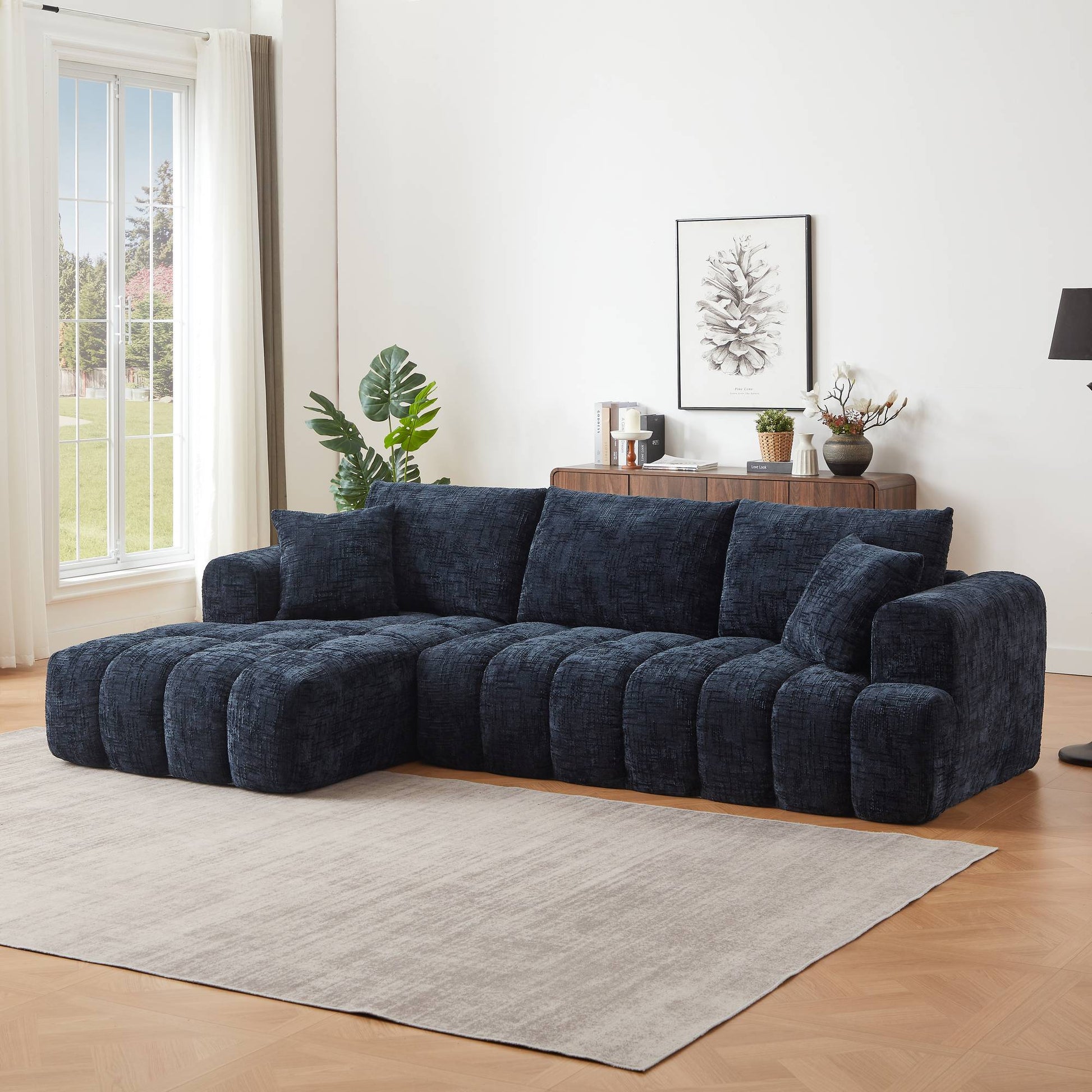 Chenille Spring-Core Compression Sectional — 4-Seat, 108"W — Dark Blue / Right-Facing
