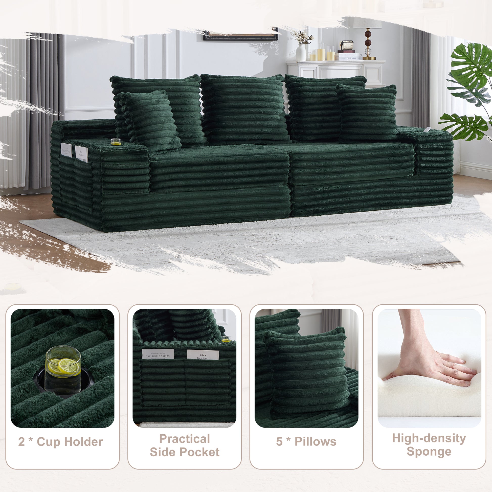 Corduroy Compression Sofa — 4-Seat, 107"W — Emerald