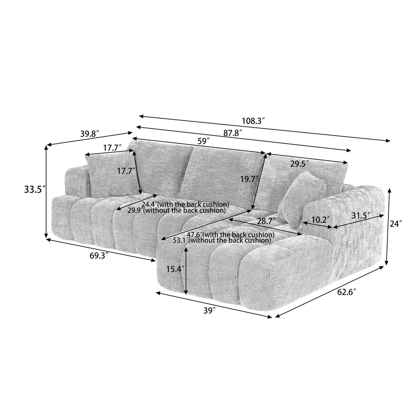 Chenille Spring-Core Compression Sectional — 4-Seat, 108"W — Dark Blue / Right-Facing