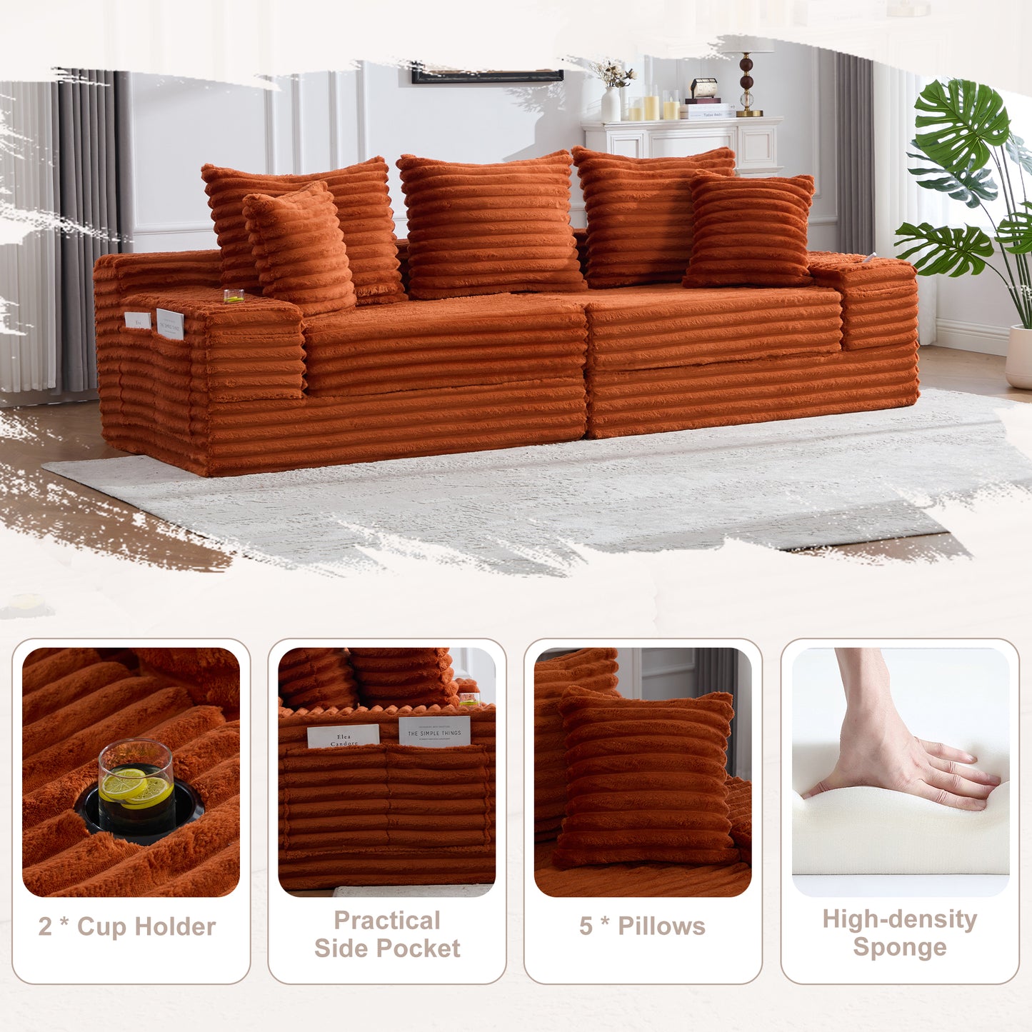 Corduroy Compression Sofa — 4-Seat, 107"W — Orange