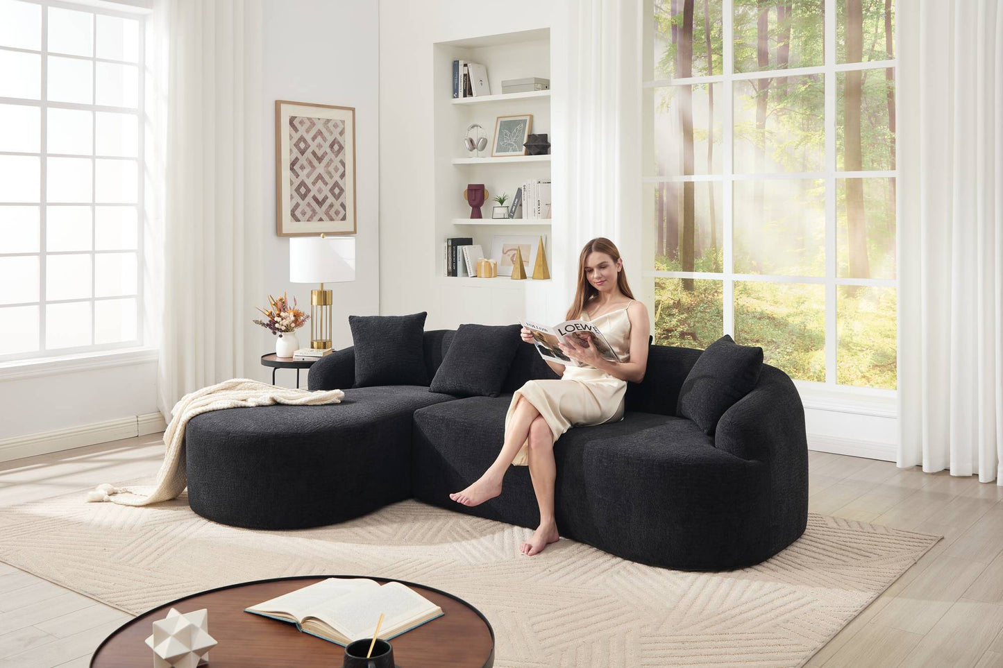 Chenille Spring-Core Compression Sectional — 4-Seat, 99"W — Black