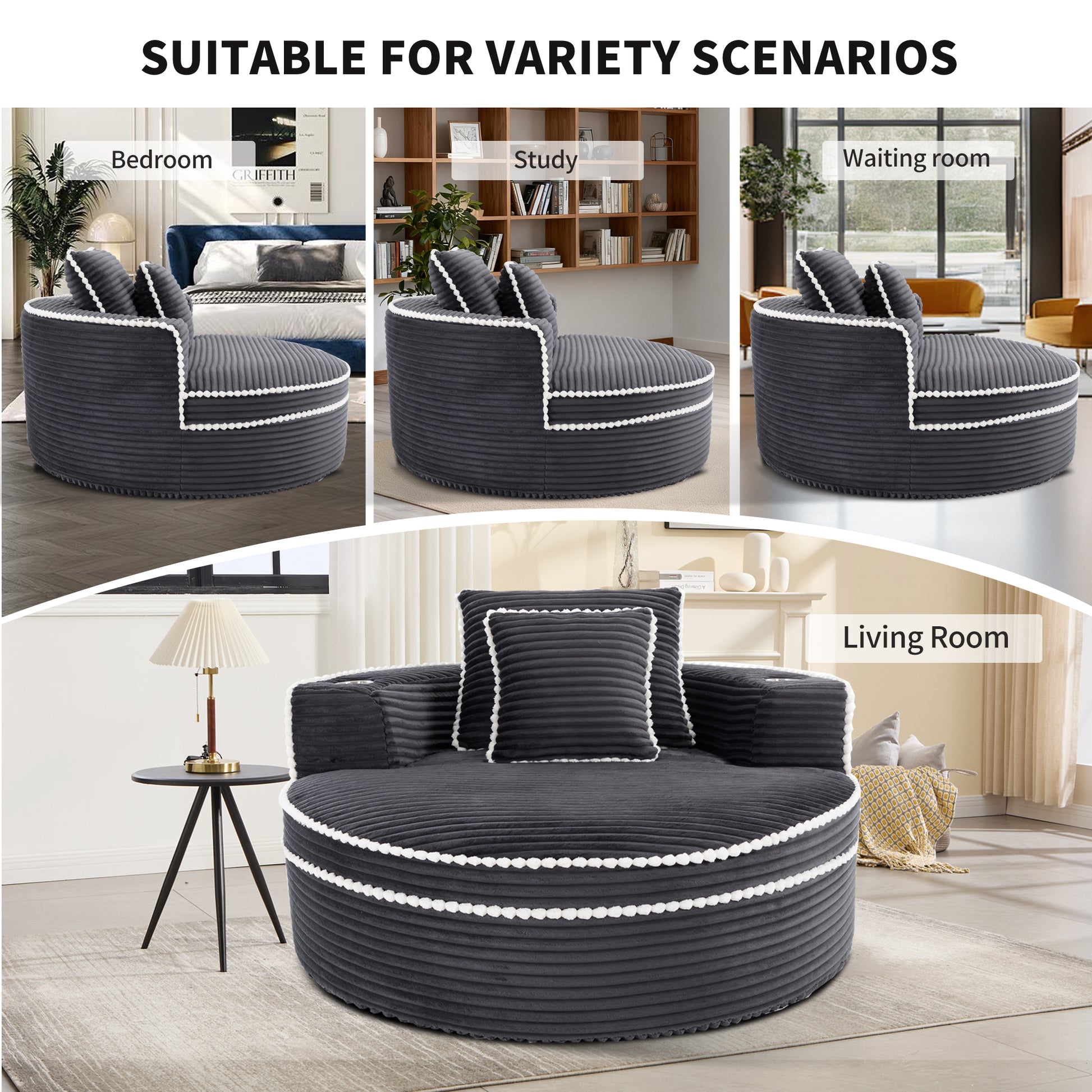 Velvet Spring-Core Compression Accent Chair — 1-Seat, 55"W — Dark Grey