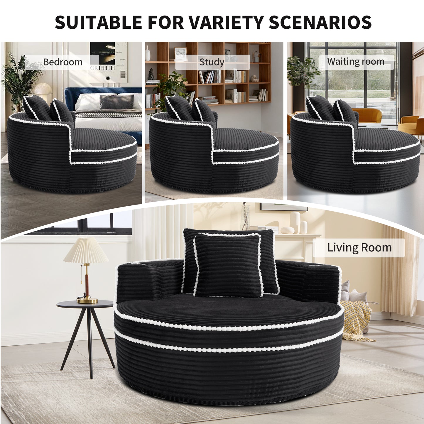 Velvet Spring-Core Compression Accent Chair — 1-Seat, 55"W — Black
