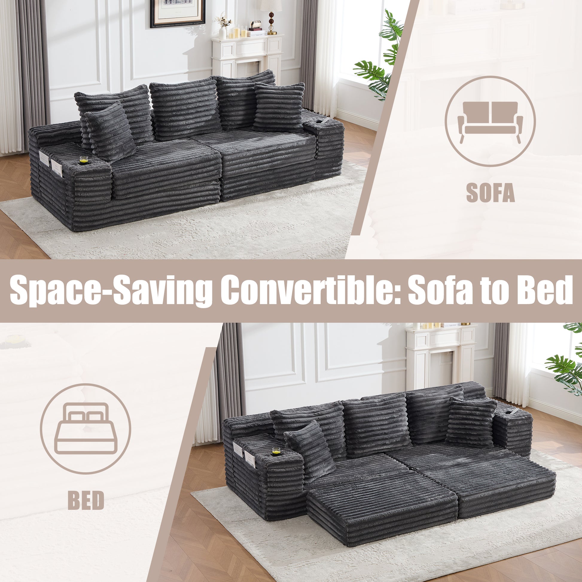 Corduroy Compression Sofa — 4-Seat, 107"W — Dark Gray