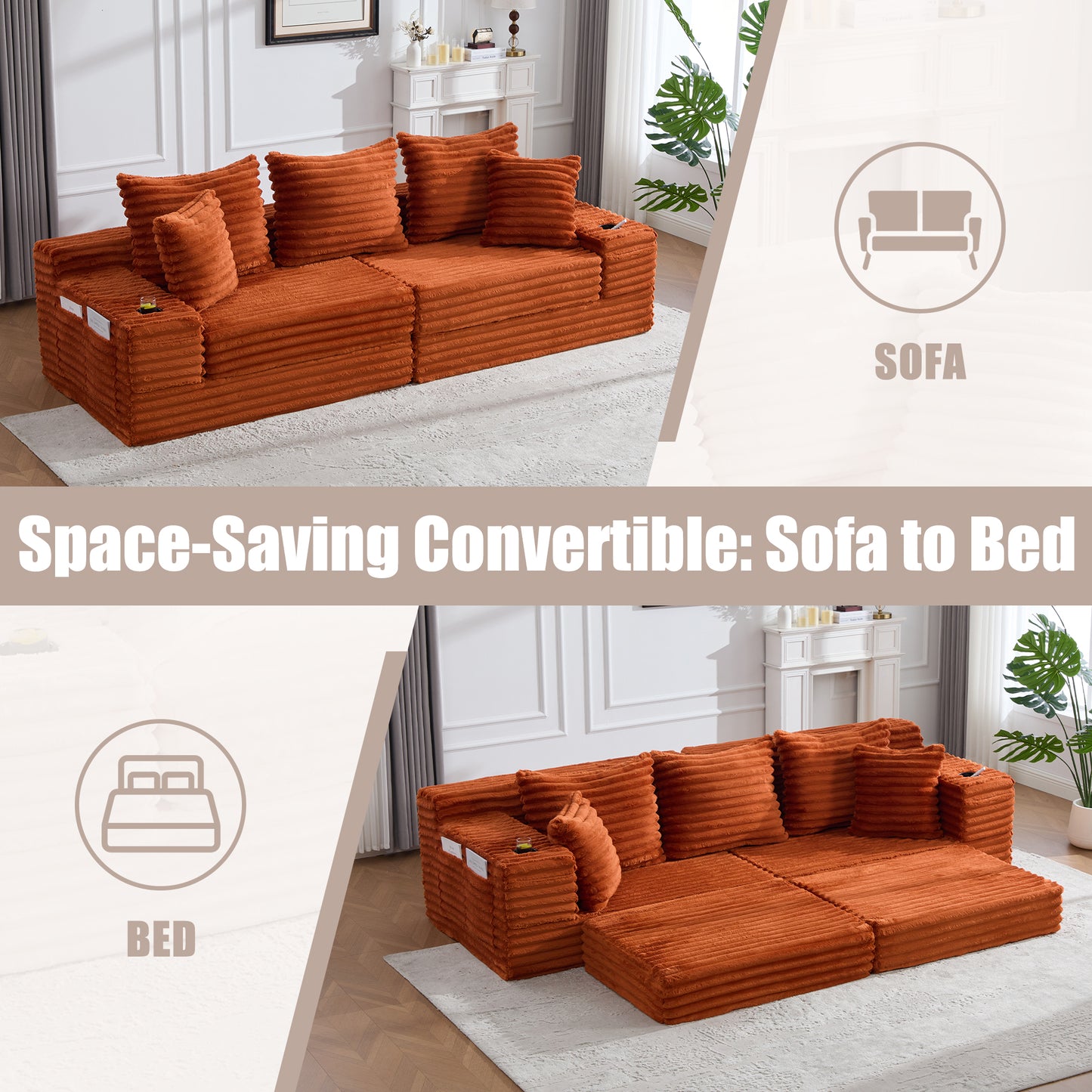 Corduroy Compression Sofa — 4-Seat, 107"W — Orange