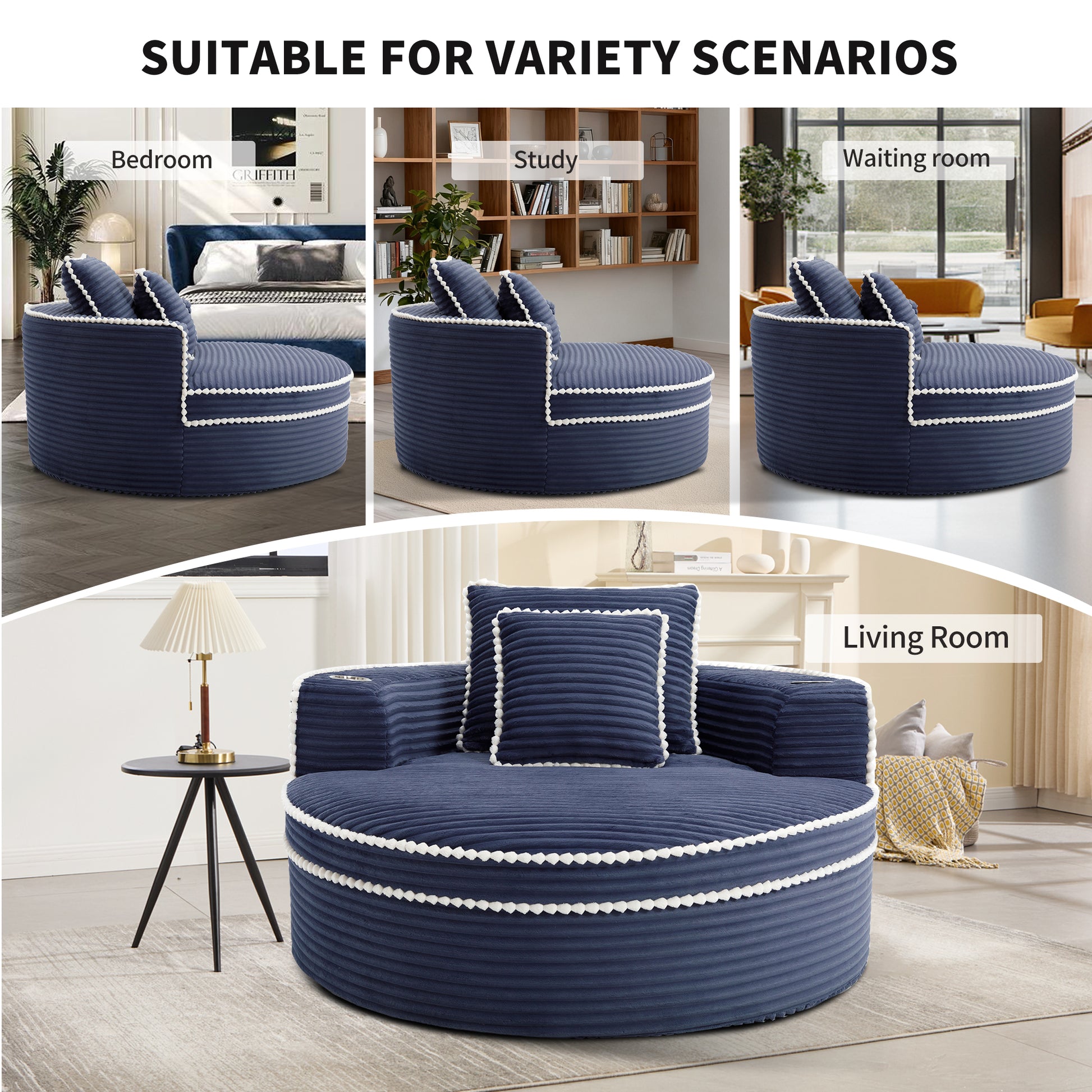Velvet Spring-Core Compression Accent Chair — 1-Seat, 55"W — Blue
