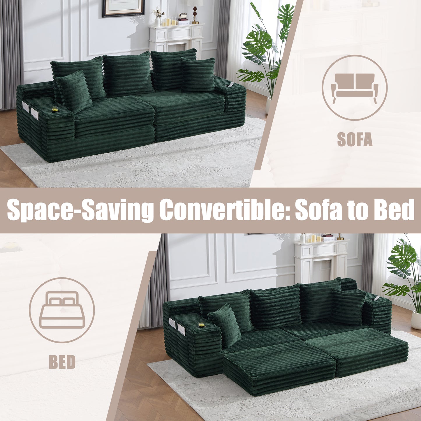Corduroy Compression Sofa — 4-Seat, 107"W — Emerald
