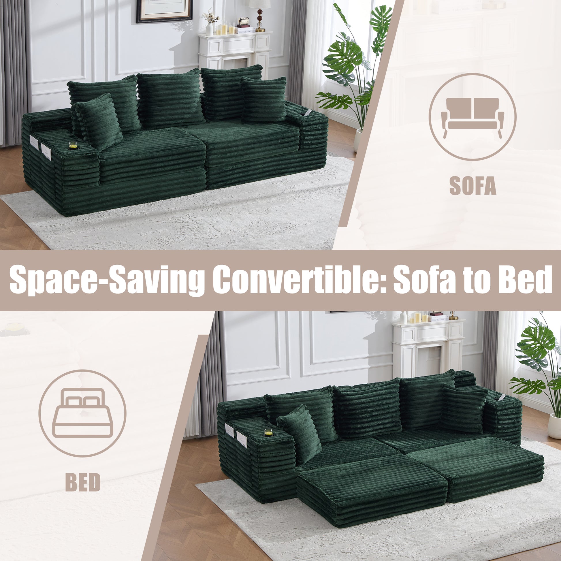 Corduroy Compression Sofa — 4-Seat, 107"W — Emerald