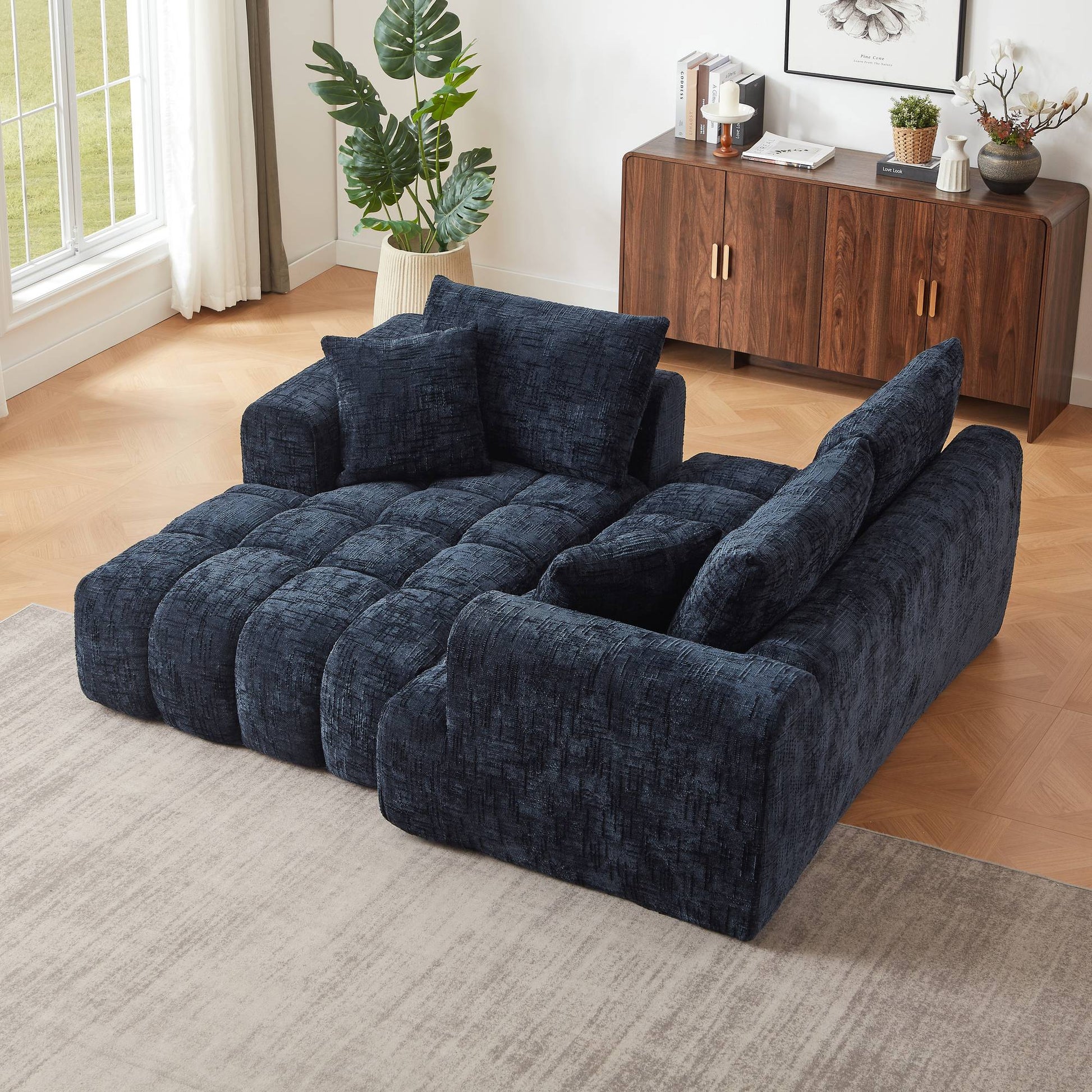 Chenille Spring-Core Compression Sectional — 4-Seat, 108"W — Dark Blue / Left-Facing