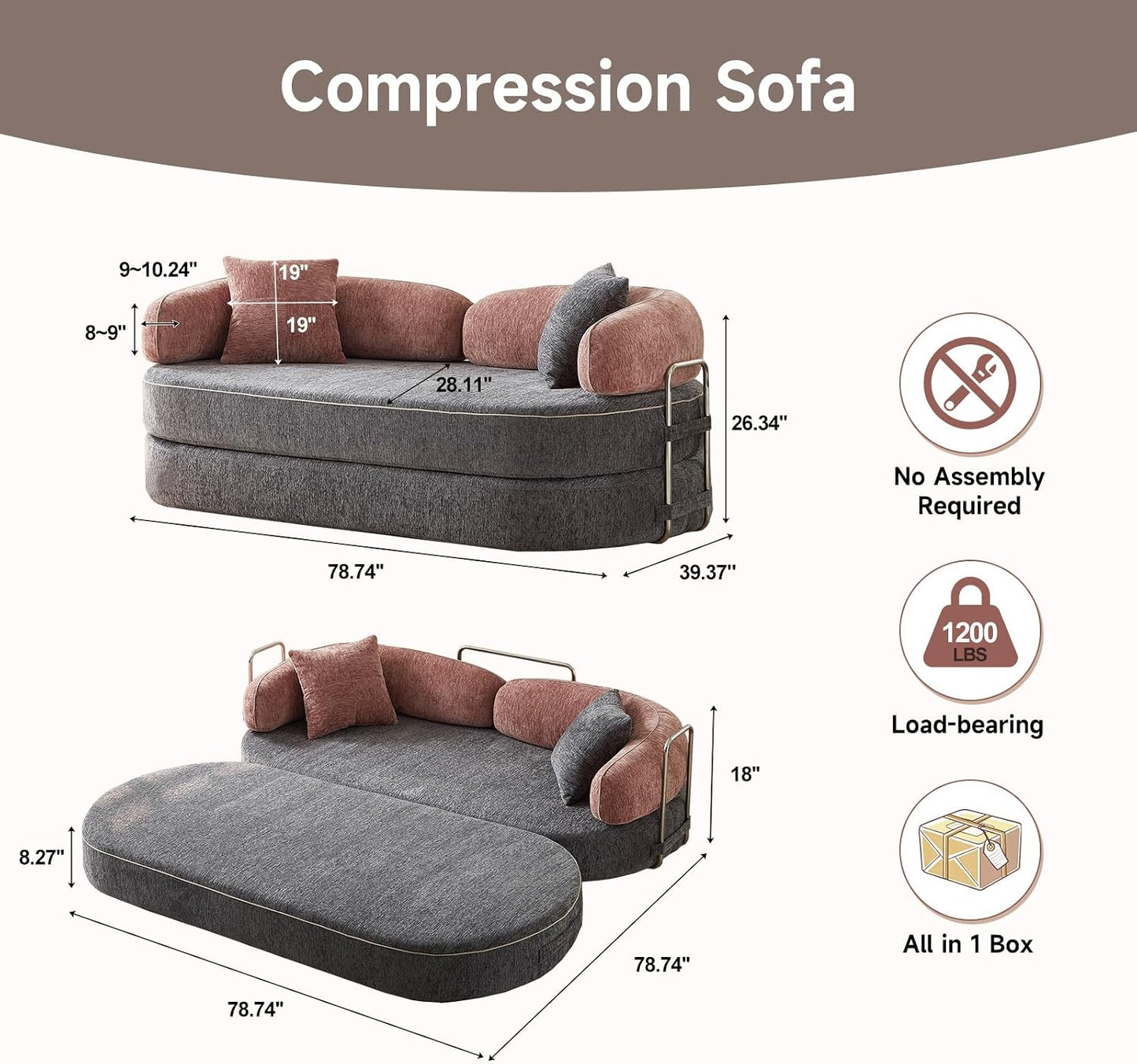 The Cumulus — Convertible Compression Sofa Bed — Pink & Grey