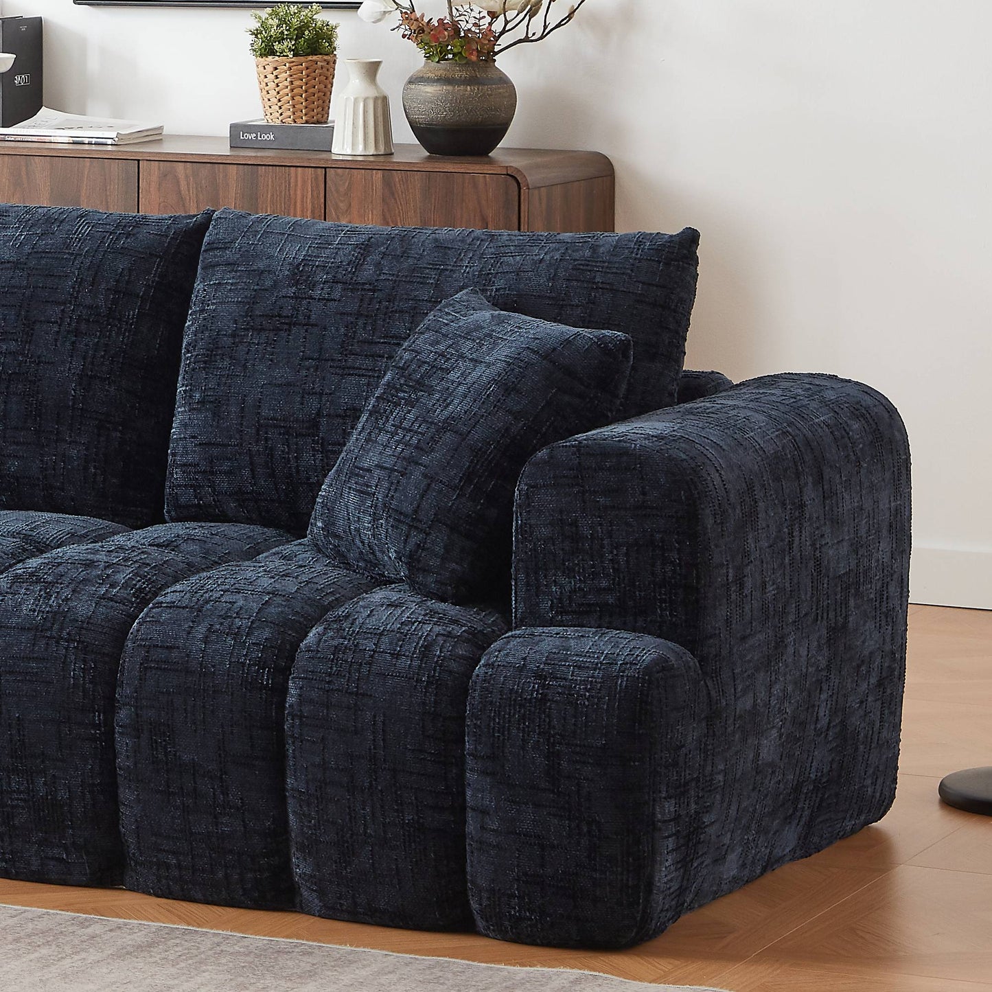 Chenille Spring-Core Compression Sectional — 4-Seat, 108"W — Dark Blue / Right-Facing