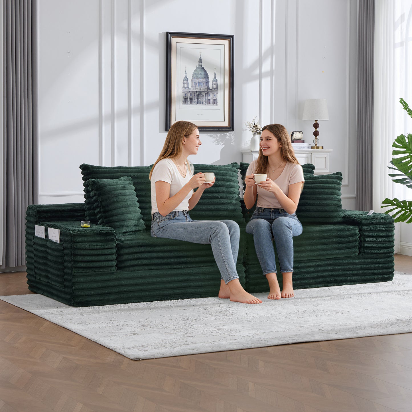 Corduroy Compression Sofa — 4-Seat, 107"W — Emerald