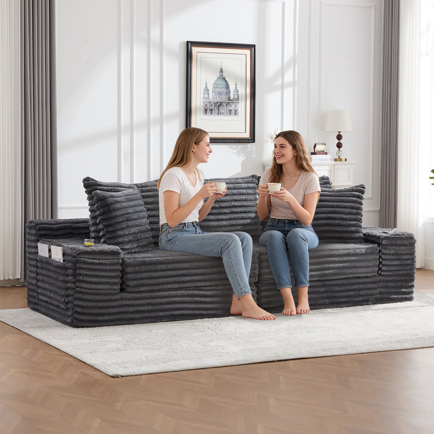 Corduroy Compression Sofa — 4-Seat, 107"W — Dark Gray
