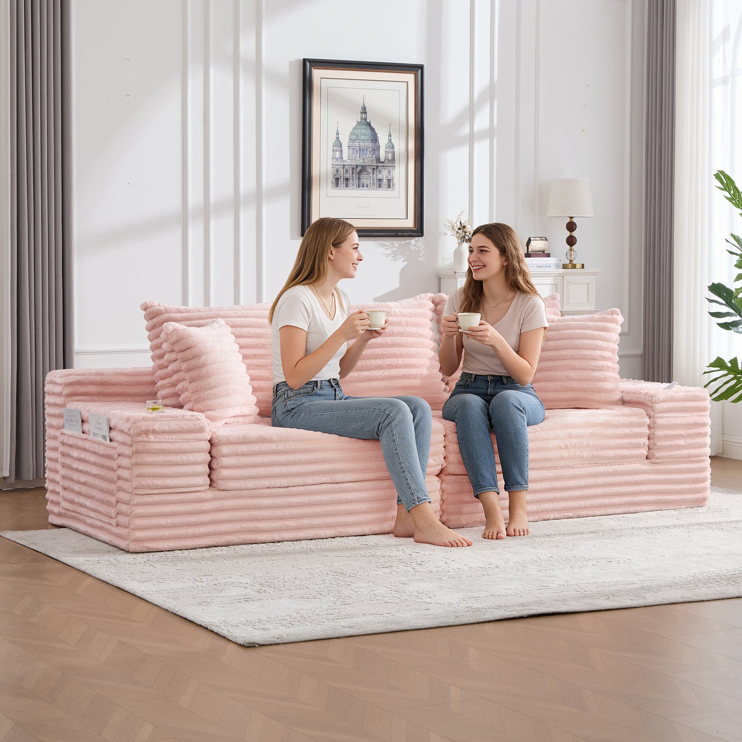 Corduroy Compression Sofa — 4-Seat, 107"W — Pink