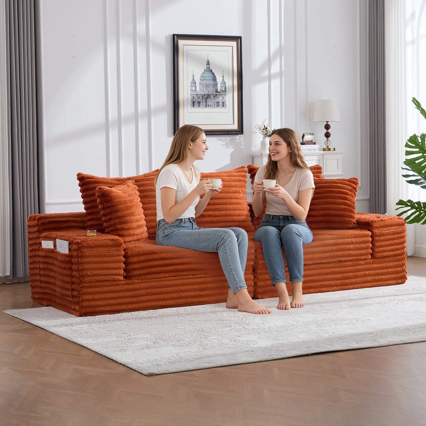 Corduroy Compression Sofa — 4-Seat, 107"W — Orange