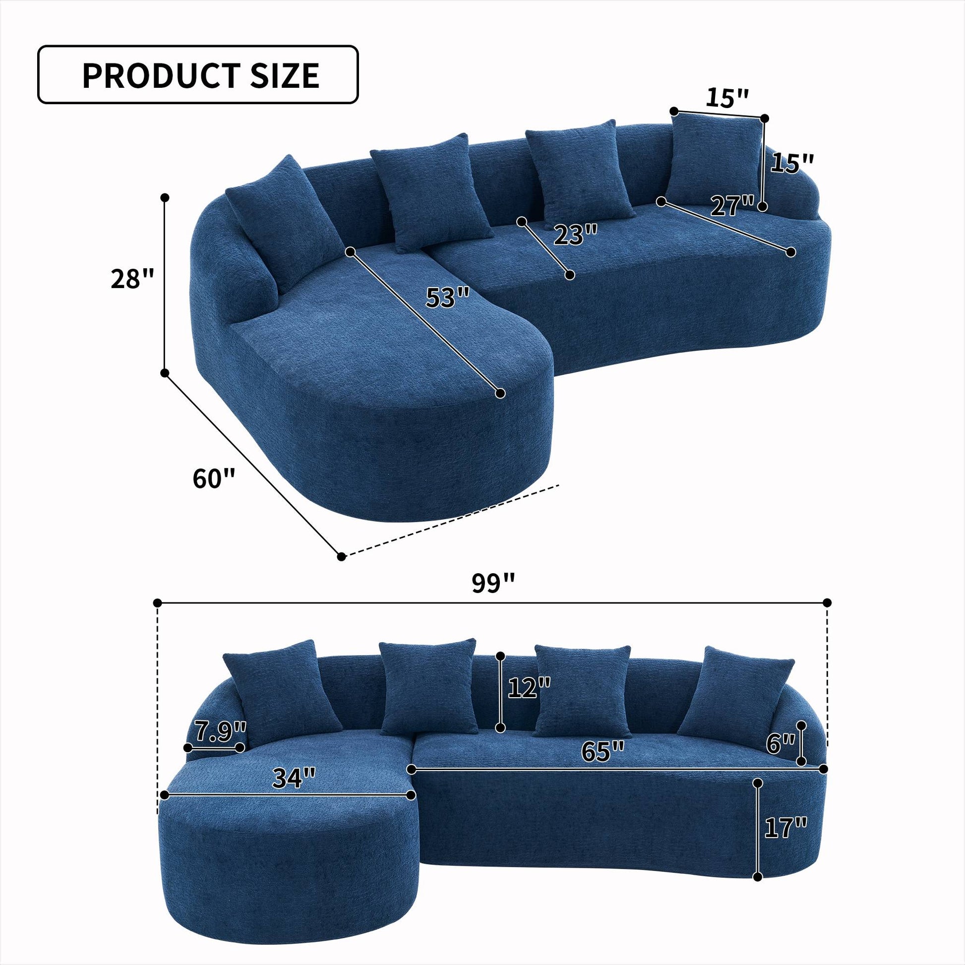 Chenille Spring-Core Compression Sectional — 4-Seat, 99"W, assembled dimensions — Navy Blue