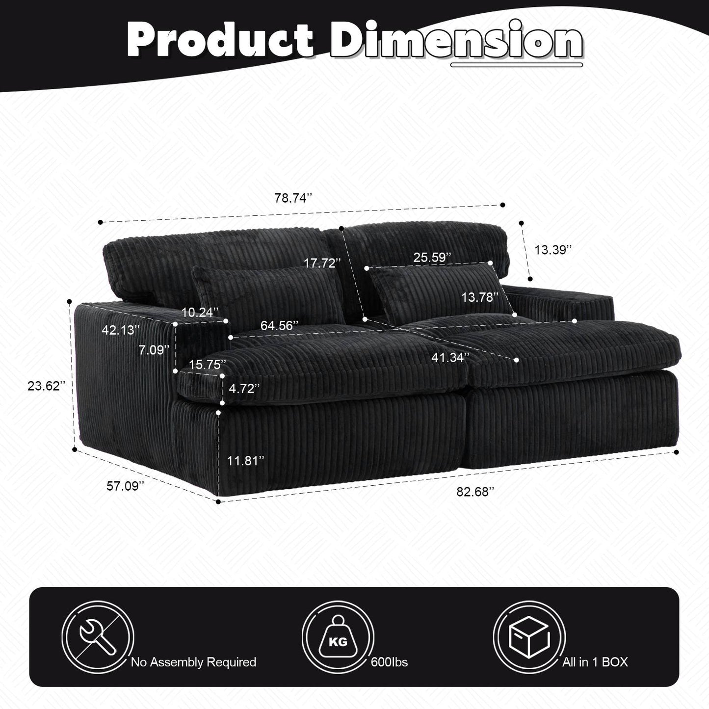 Corduroy Boneless Loveseat — 2-Seat, 83"W — Black, dimensions