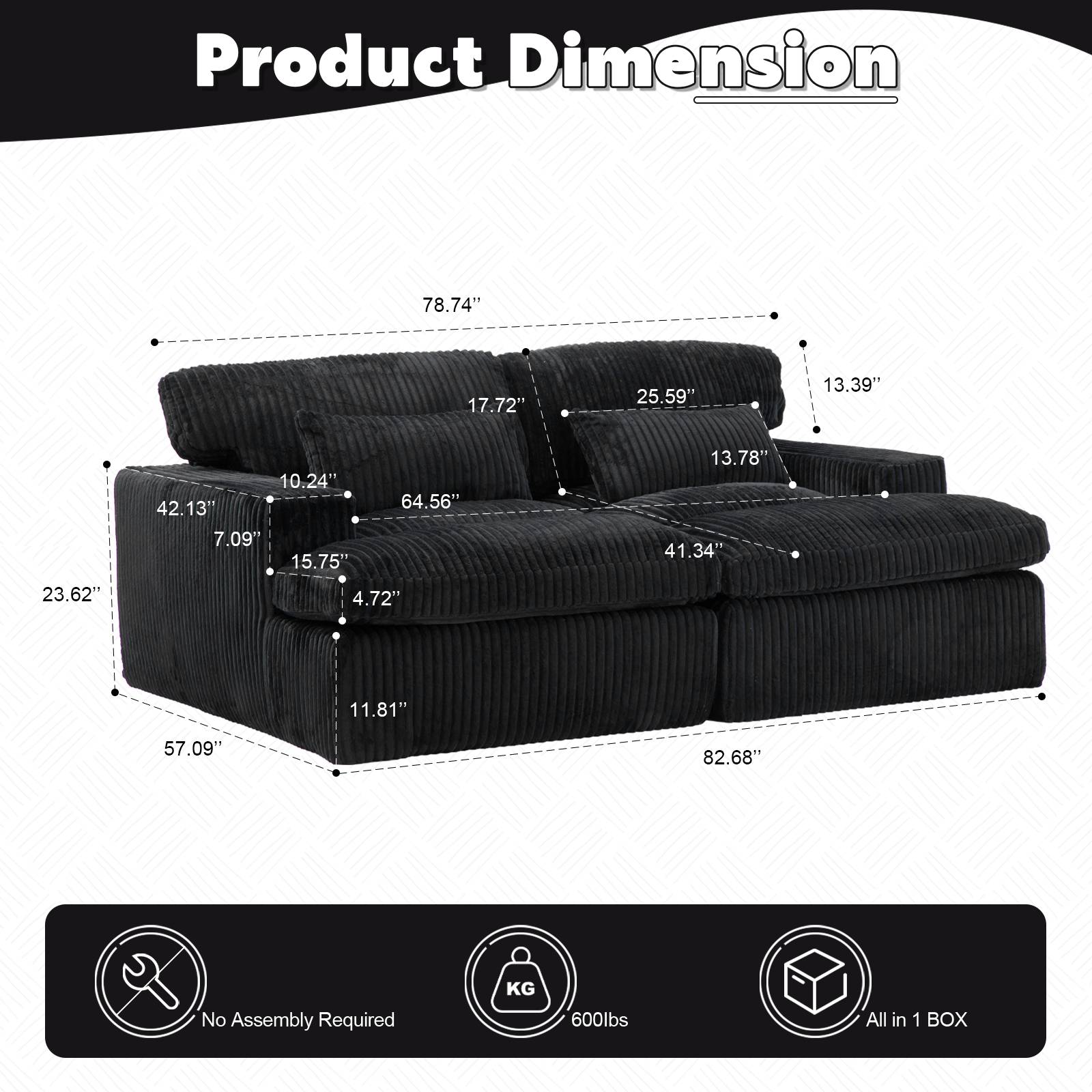 Corduroy Boneless Loveseat — 2-Seat, 83"W — Black, dimensions