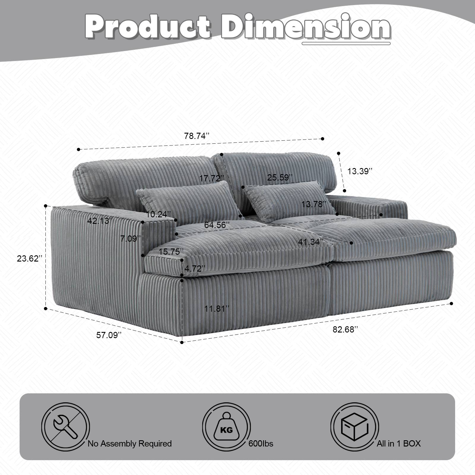Corduroy Boneless Loveseat — 2-Seat, 83"W — Grey, dimensions