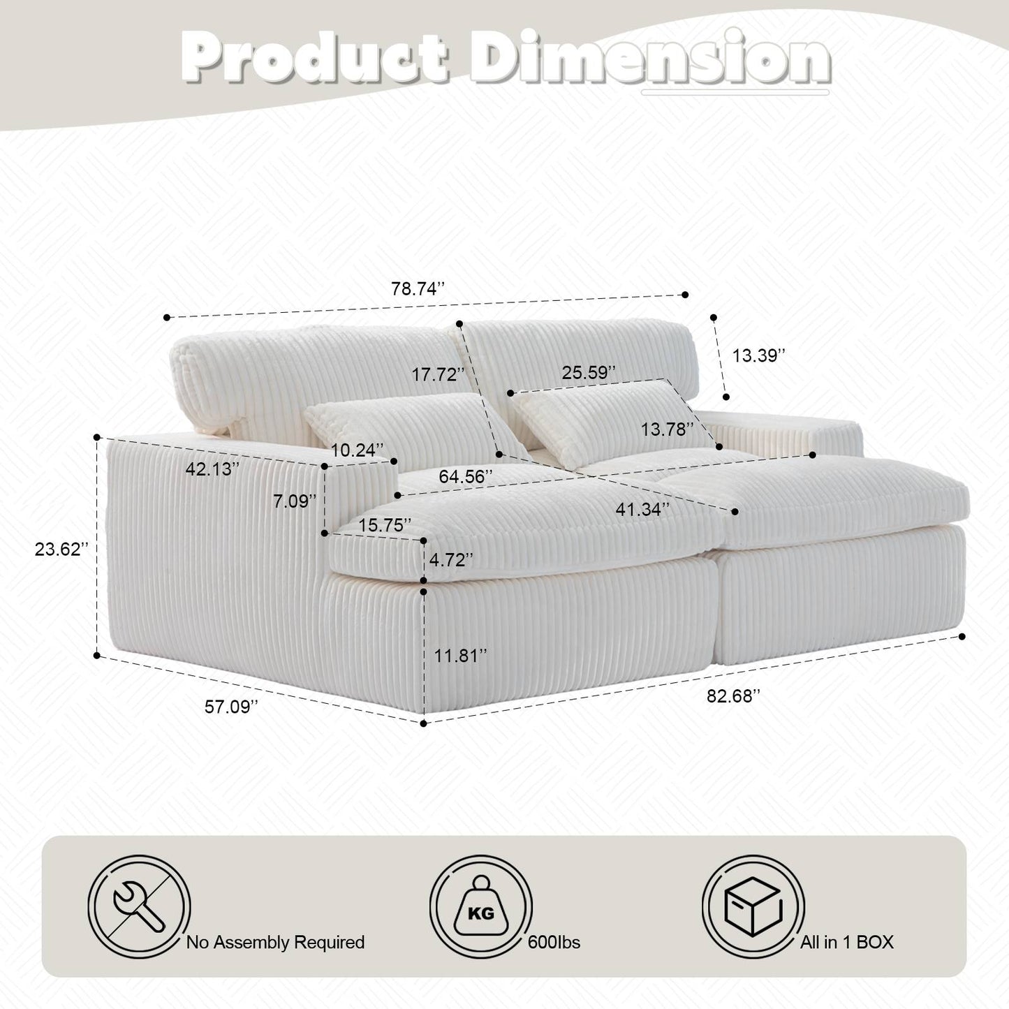Corduroy Boneless Loveseat — 2-Seat, 83"W — White, dimensions