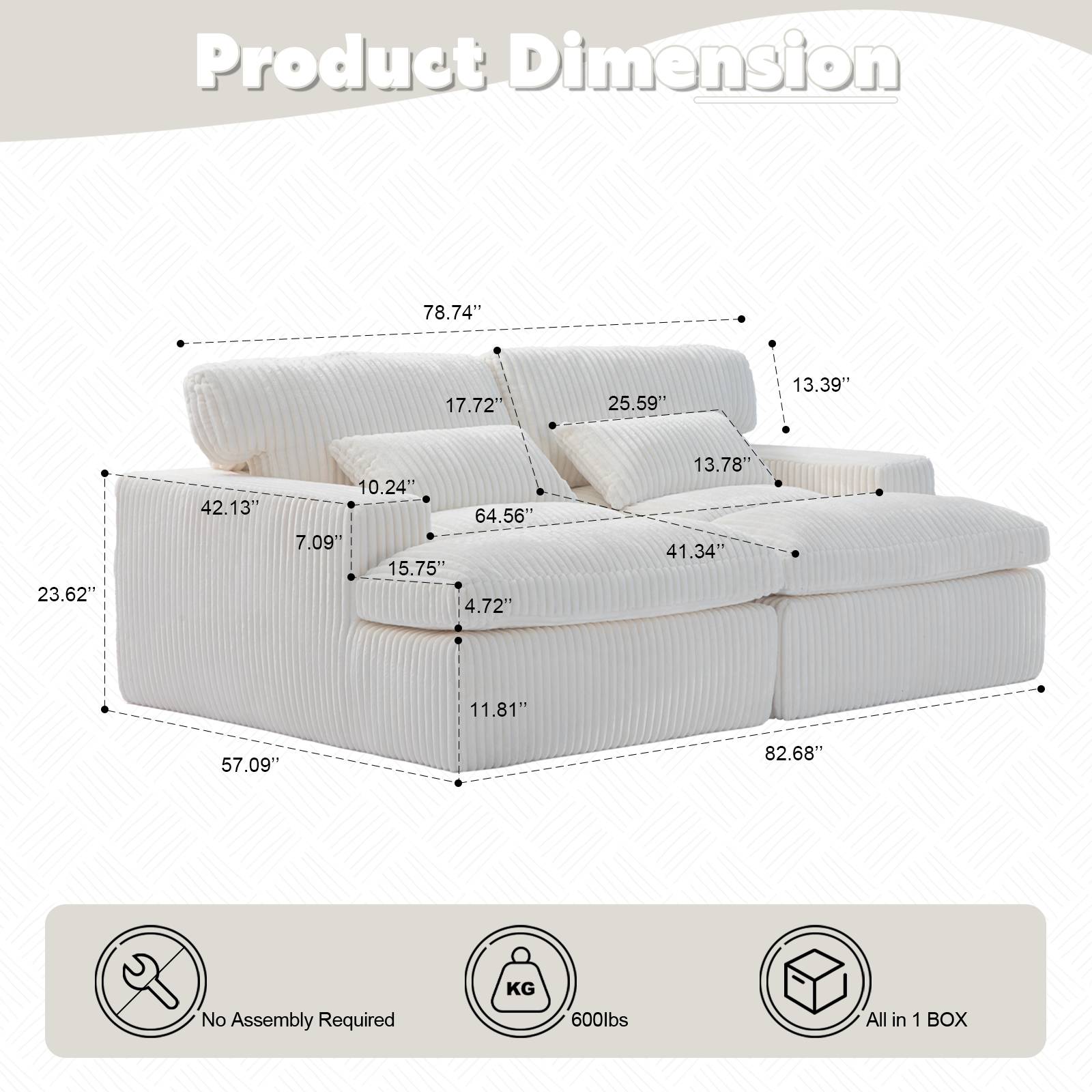Corduroy Boneless Loveseat — 2-Seat, 83"W — White, dimensions