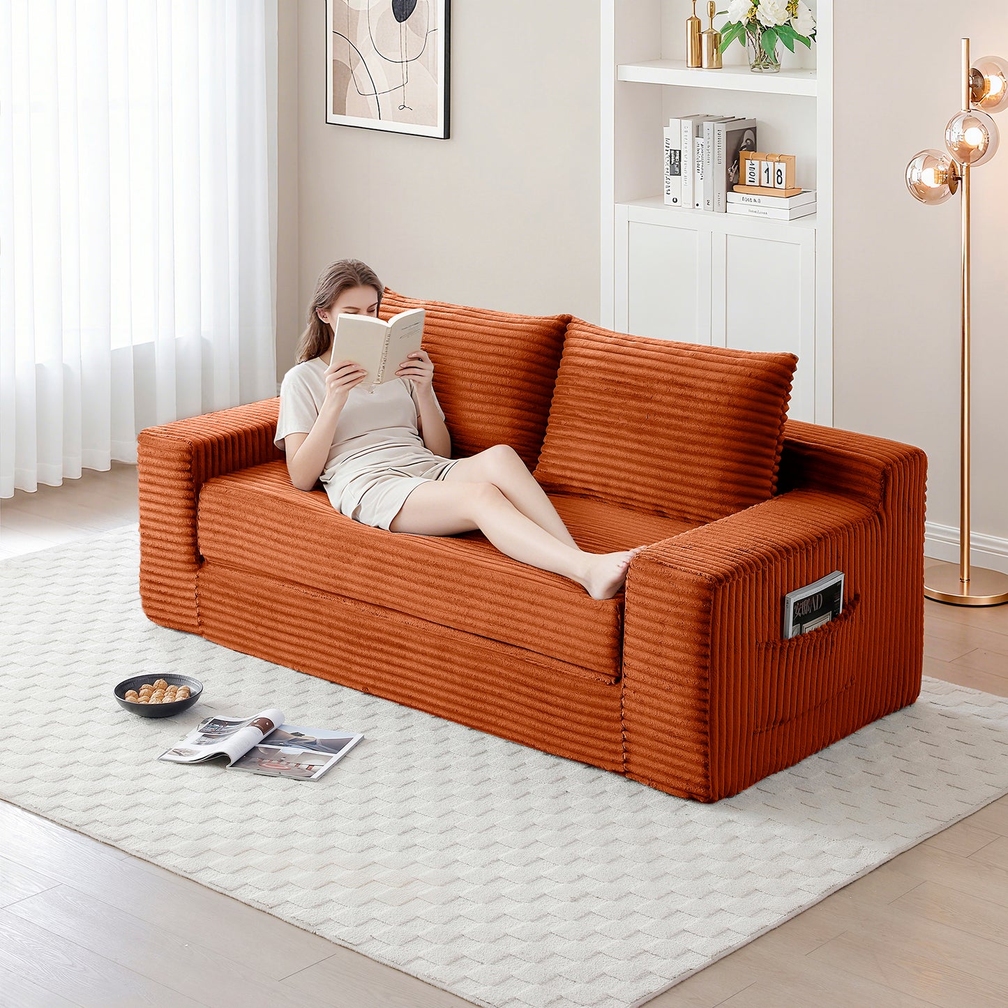 Corduroy Compression Sofa — 3-Seat, 73"W — Orange