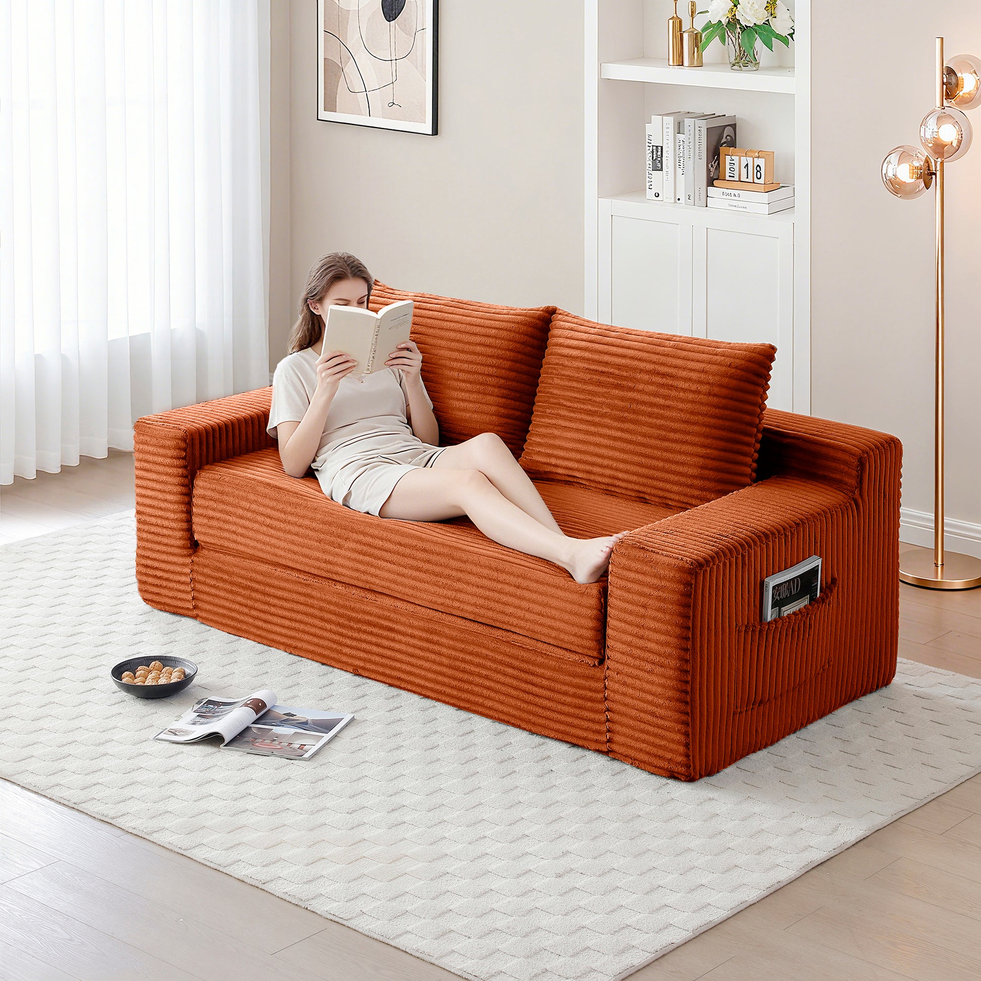 Corduroy Compression Sofa — 3-Seat, 73"W — Orange
