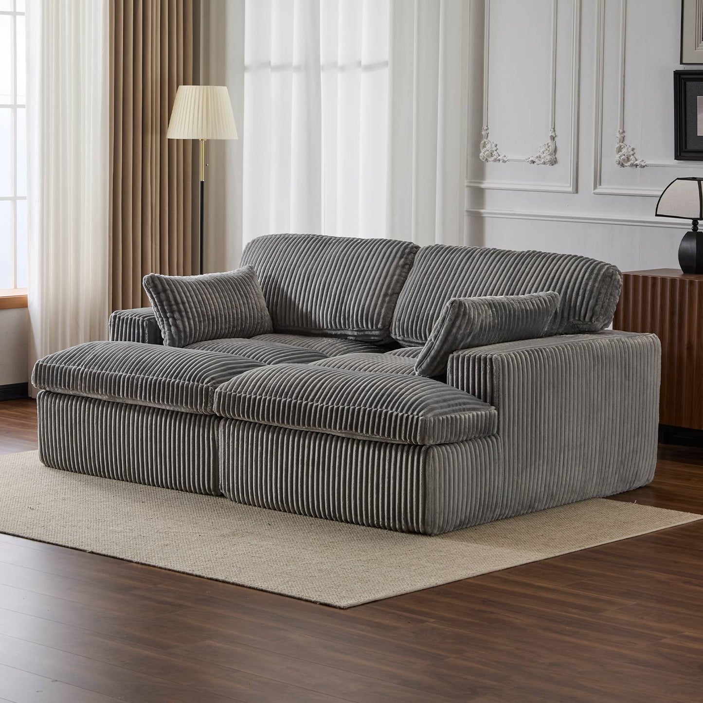 Corduroy Boneless Loveseat — 2-Seat, 83"W — Grey, in a living room