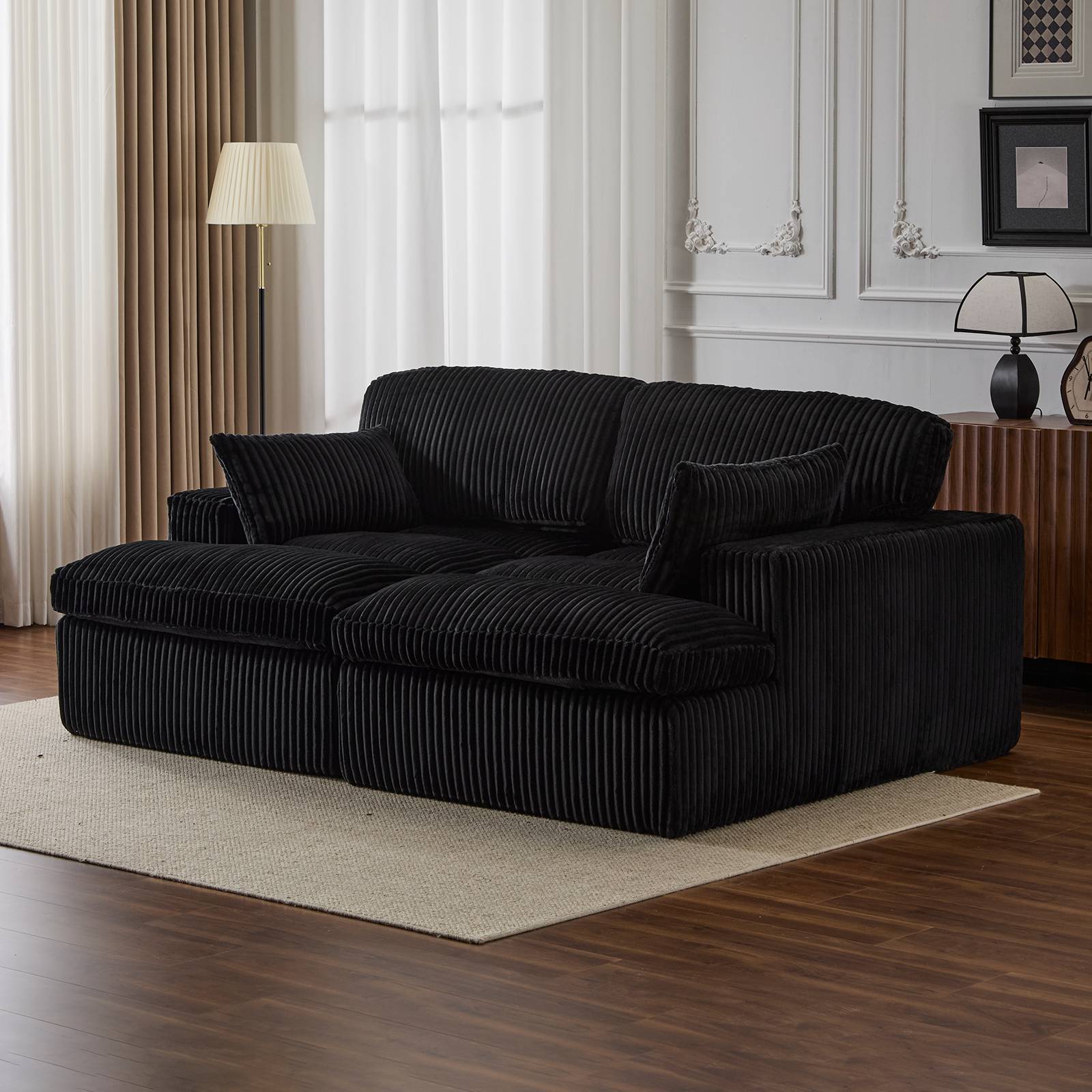 Corduroy Boneless Loveseat — 2-Seat, 83"W — Black, in a living room