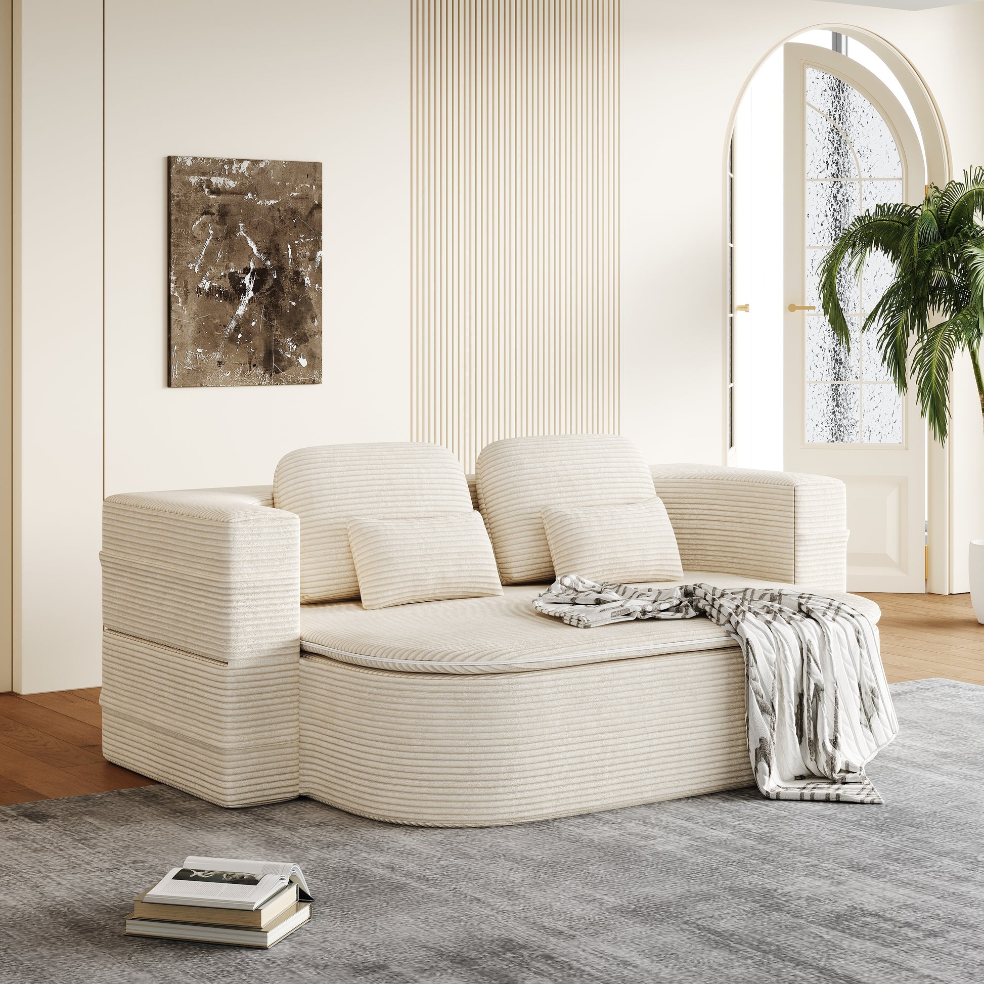 Corduroy Compression Sofa — 3-Seat, 75"W — Beige